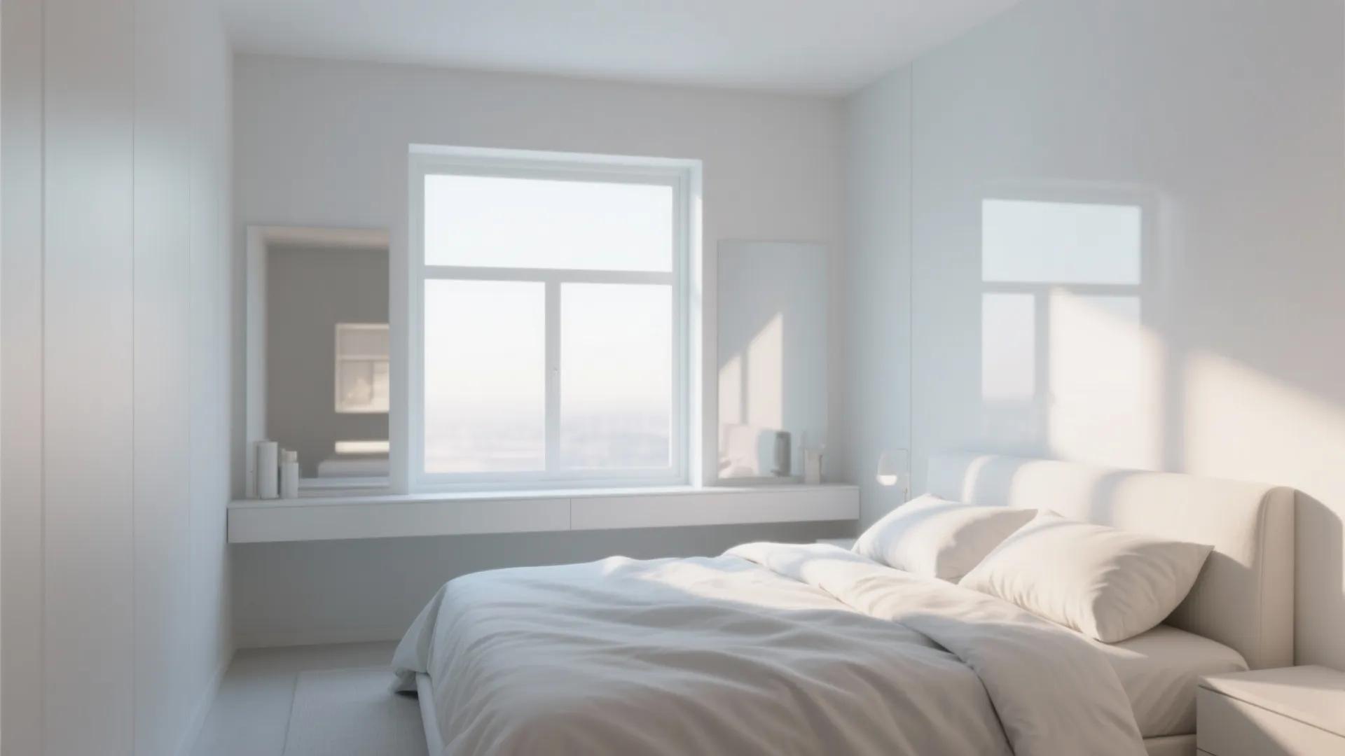 Bright white minimalist bedroom with large window bed desk and sunlight hitting the clean walls