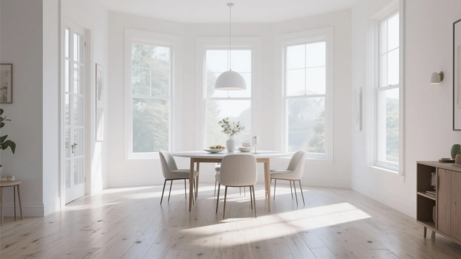 Bright white dining room with round table four grey chairs wooden floor and large bay windows