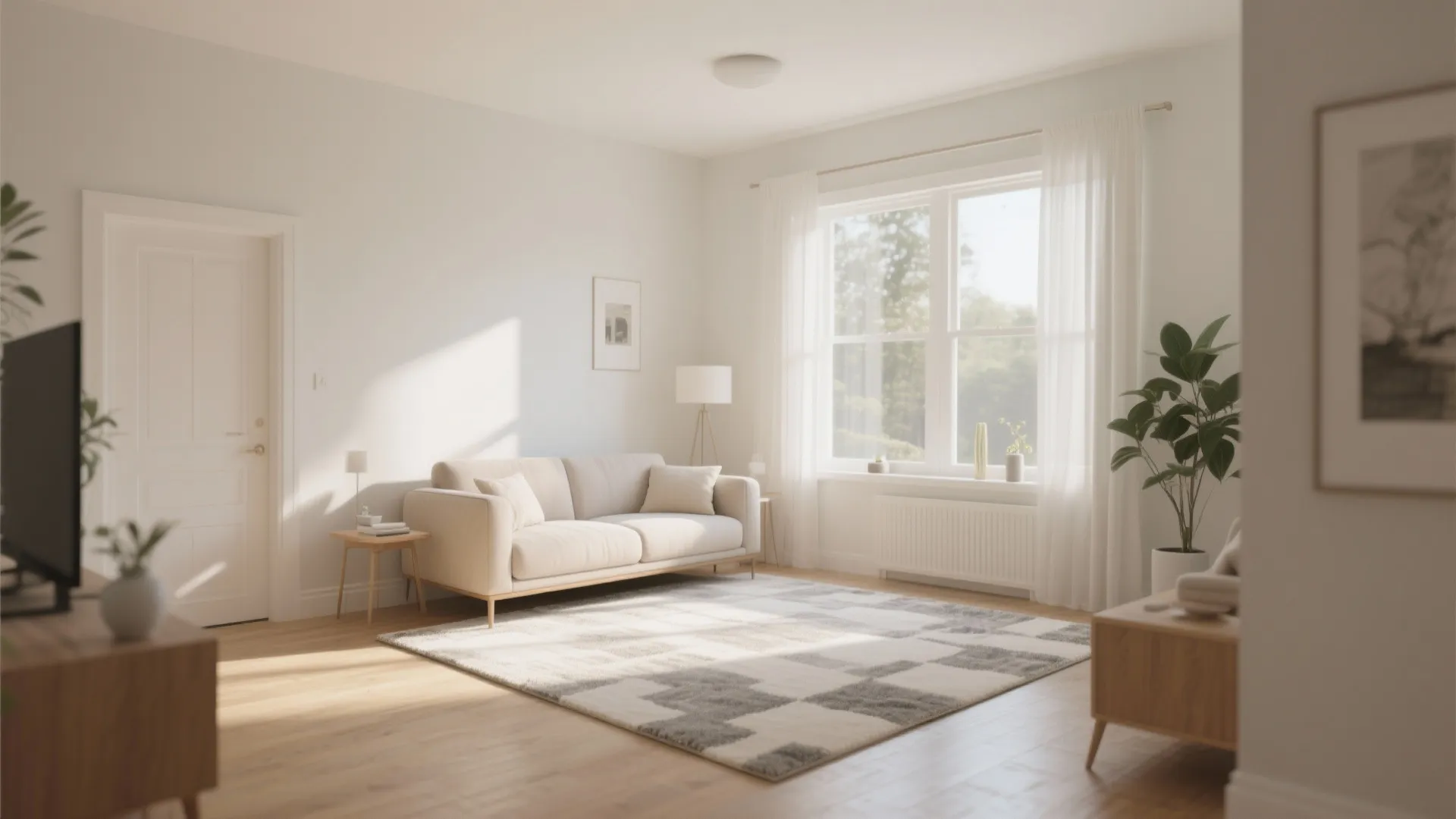 Minimalist white living room with beige sofa, patterned rug, large window with curtains, and plants