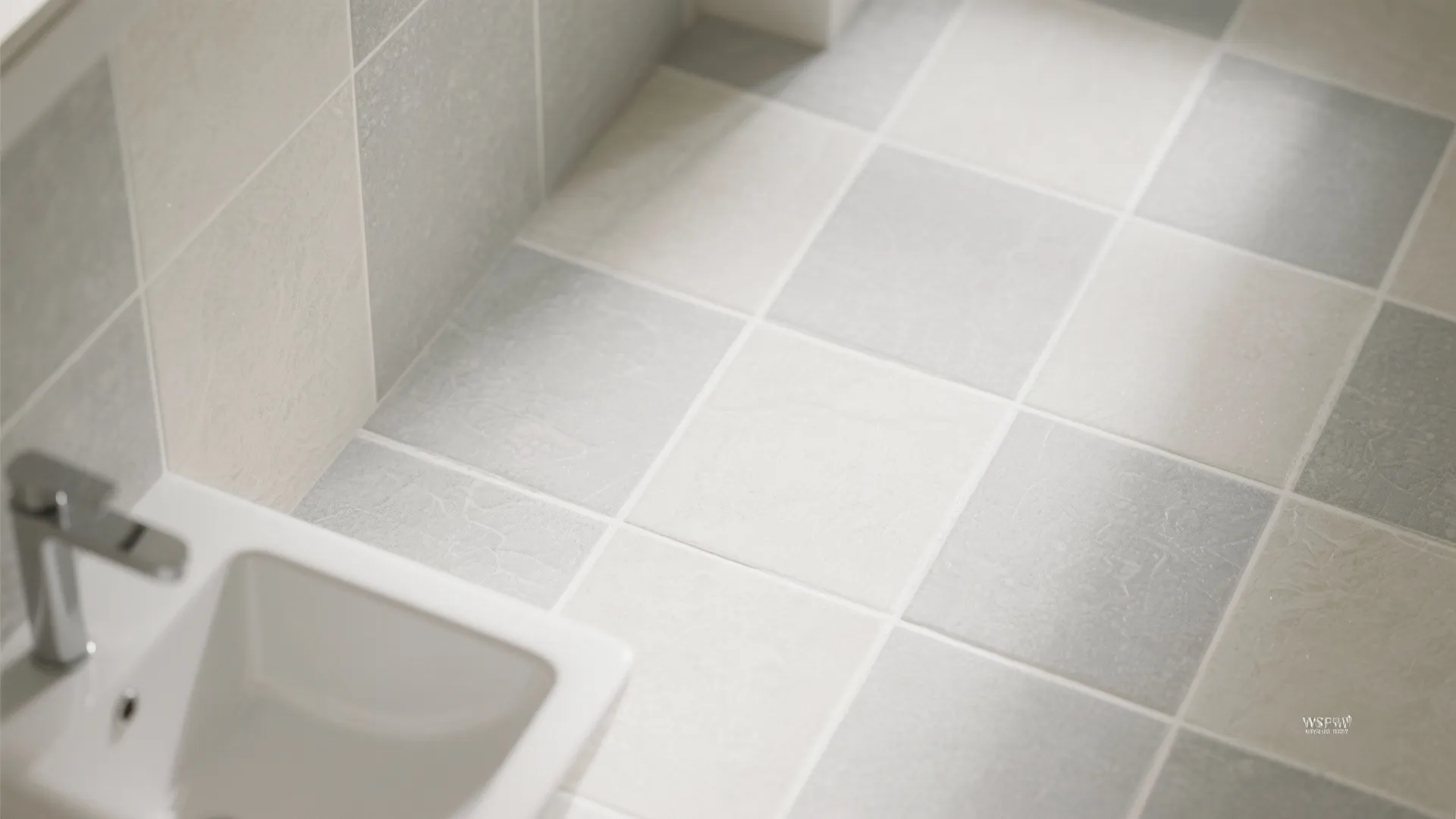 Close up view of grey and white square floor tiles next to a white bathroom sink