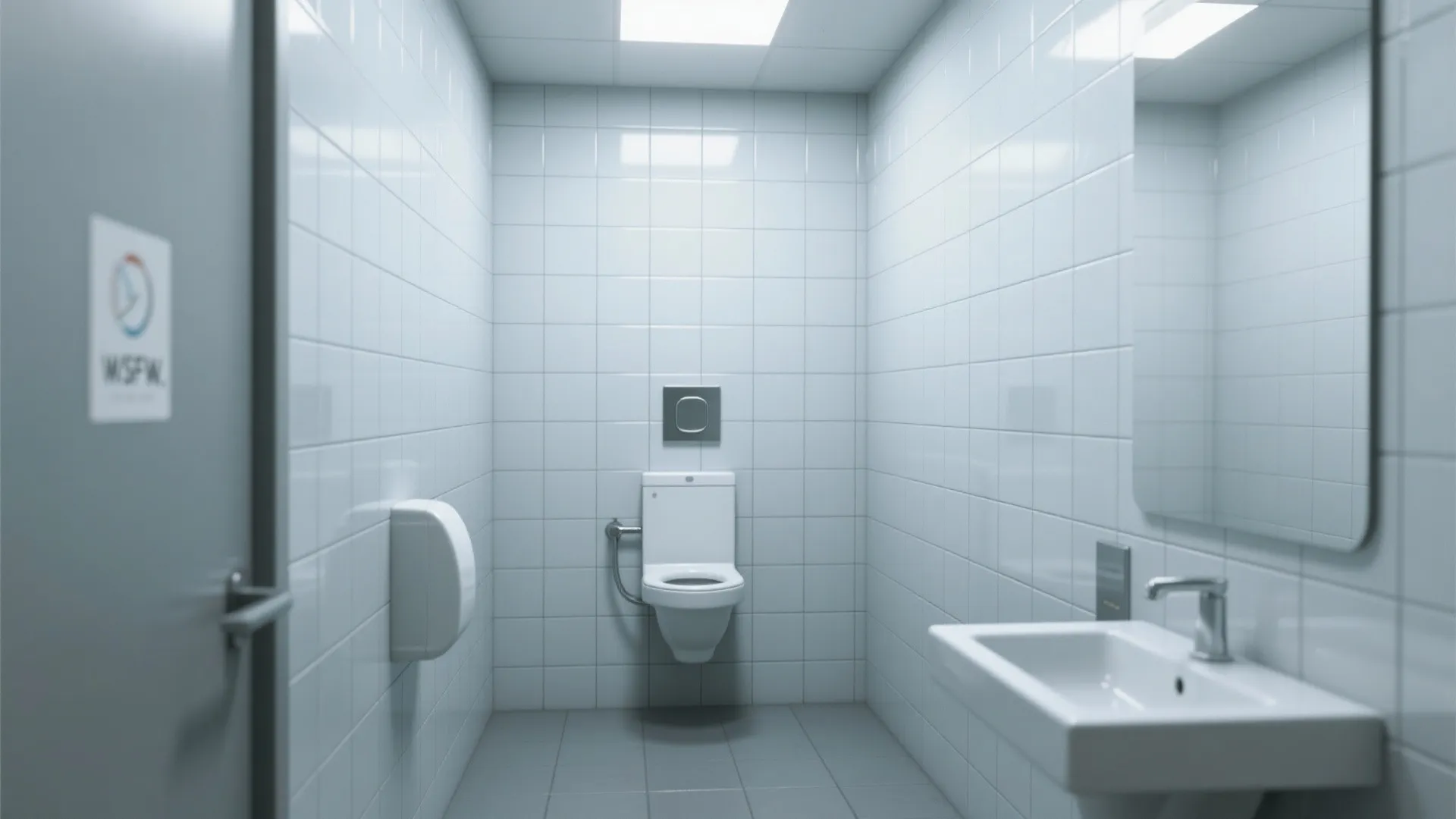 Small white tiled bathroom with wall toilet white sink mirror and bright square ceiling light