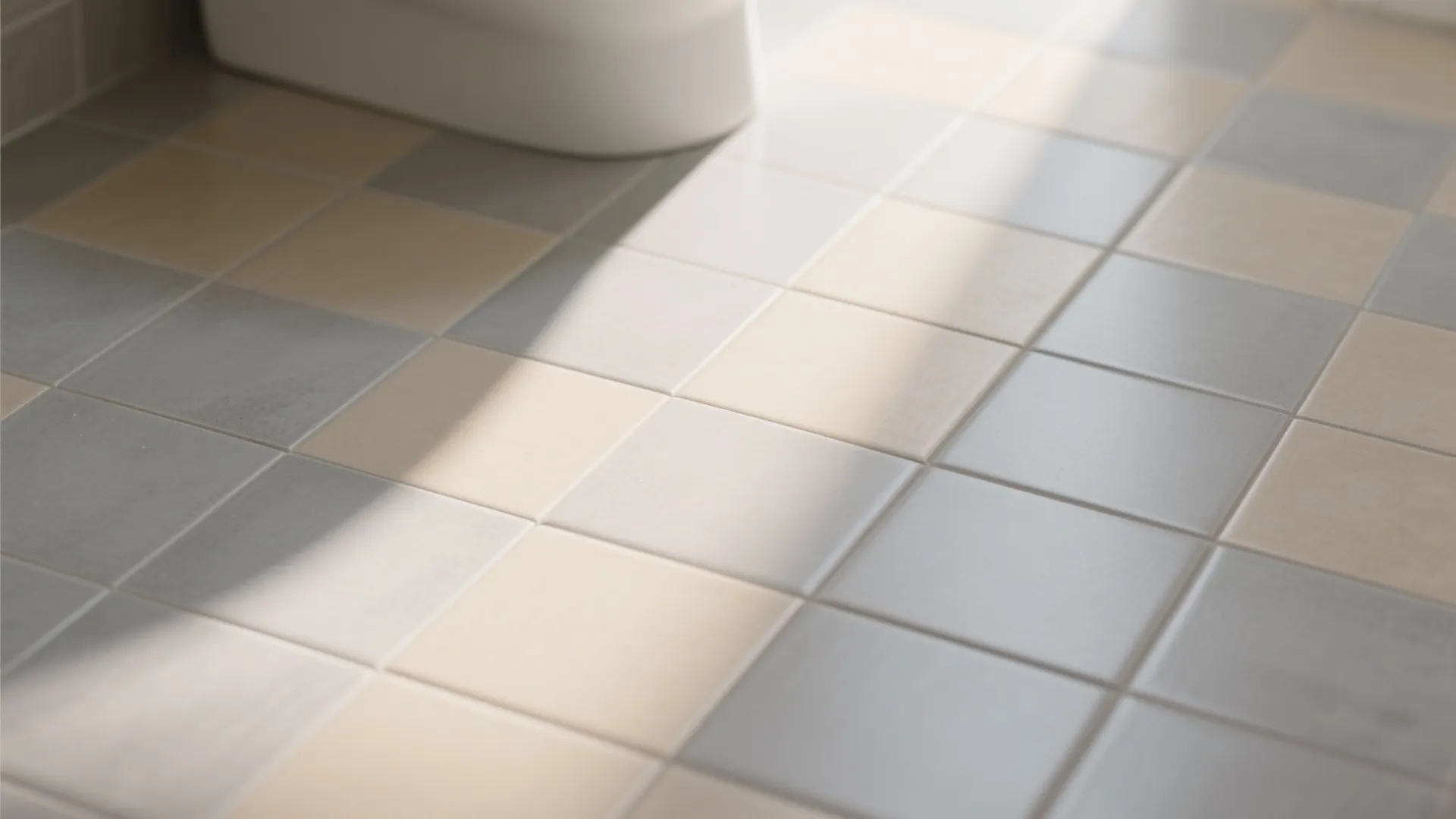 Close up view of light blue and beige square floor tiles with soft natural sunlight