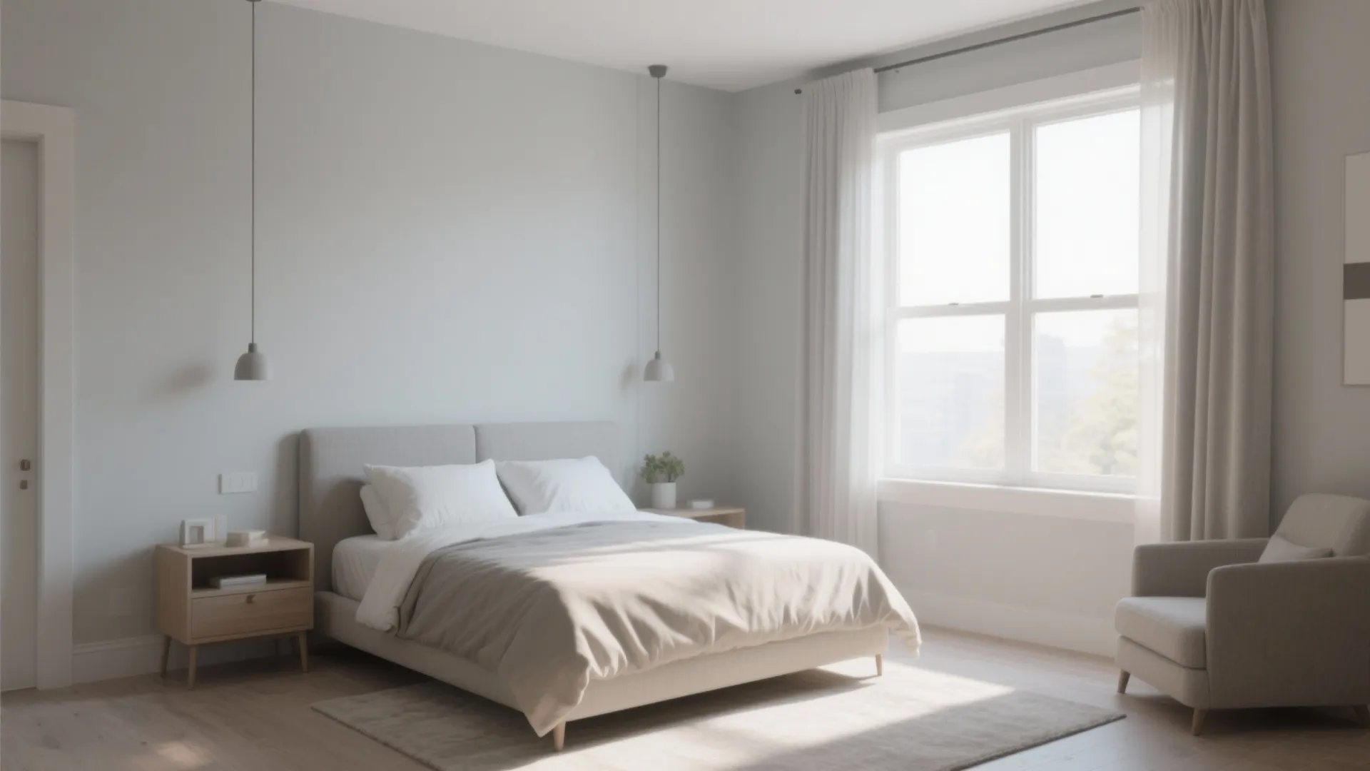 Modern bedroom with light grey walls wooden floor large window white curtains and beige armchair