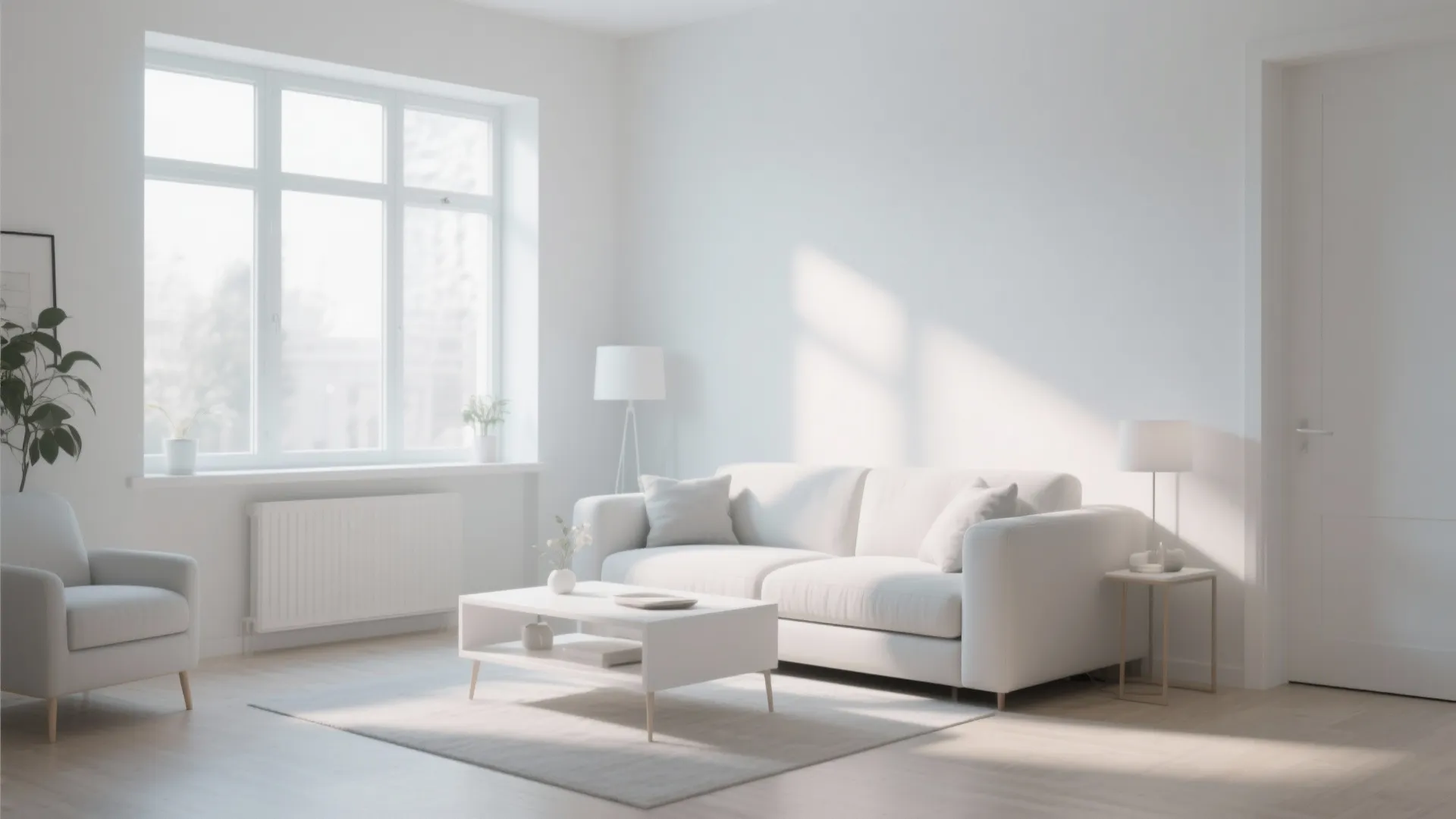 Bright white living room with comfortable sofa coffee table side table and large sunny windows