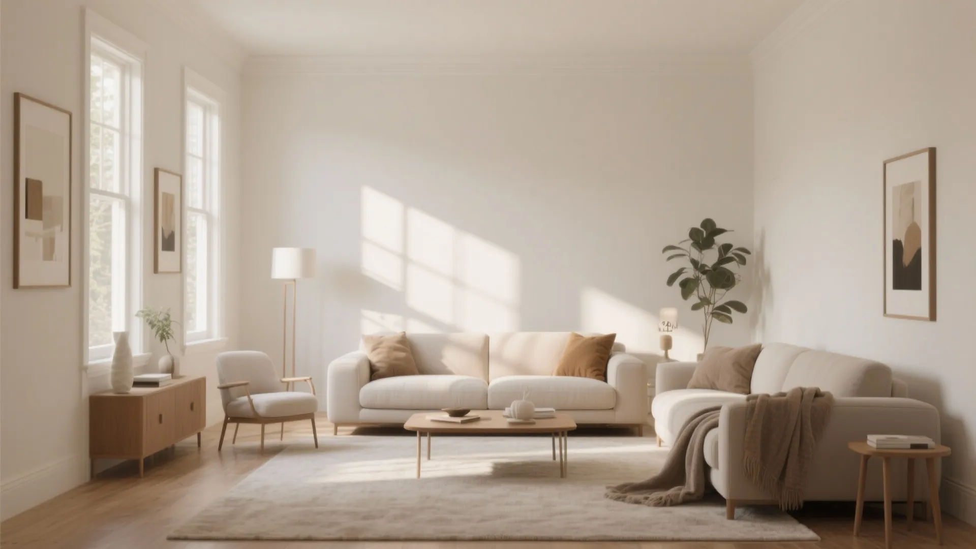 Bright minimalist living room with white walls cream sofa wooden coffee table and soft sunlight