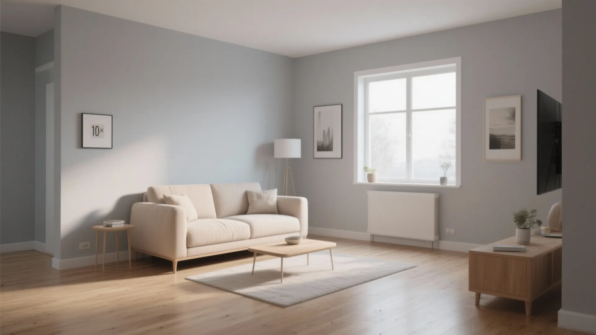 Minimalist living room with light grey walls cream sofa wooden coffee table rug and window