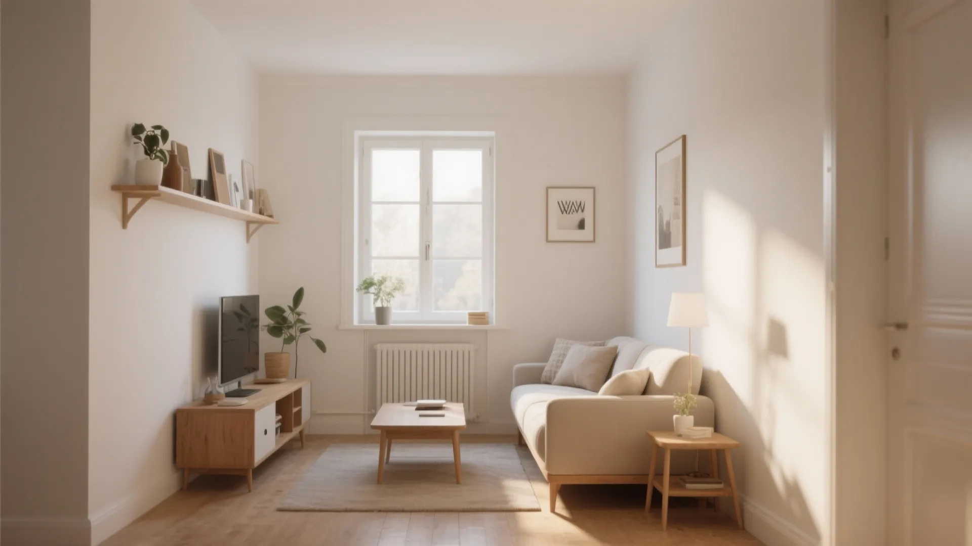 Small living room with warm white walls amplifying brightness