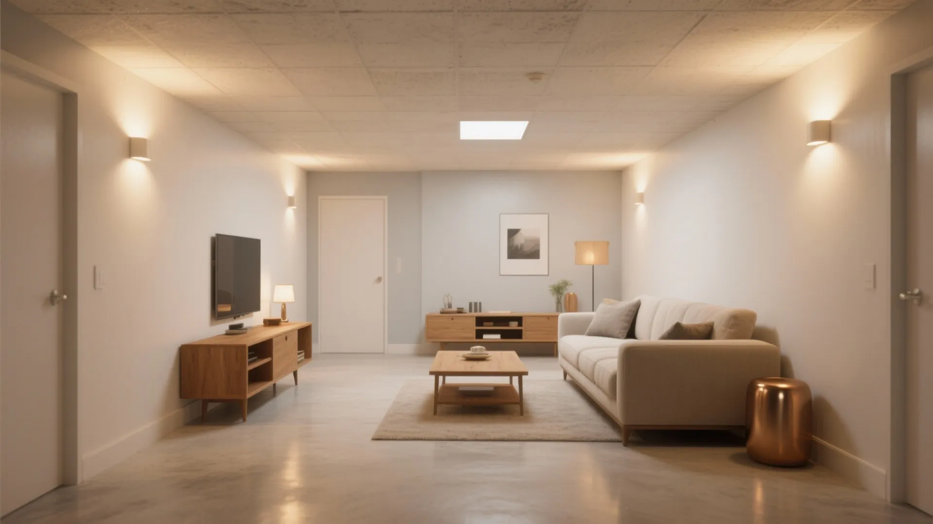 Modern basement living room featuring white walls cream sofa wooden furniture and warm bright wall lights