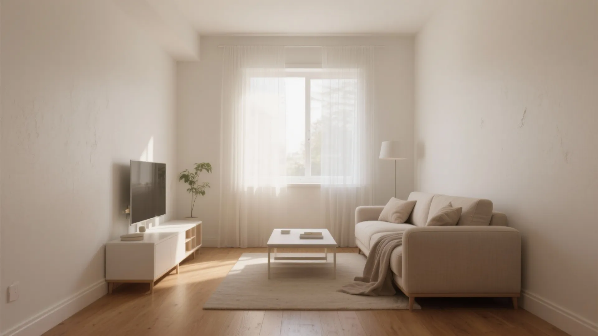 Minimalist white living room with beige sofa coffee table television cabinet wooden floor and natural light