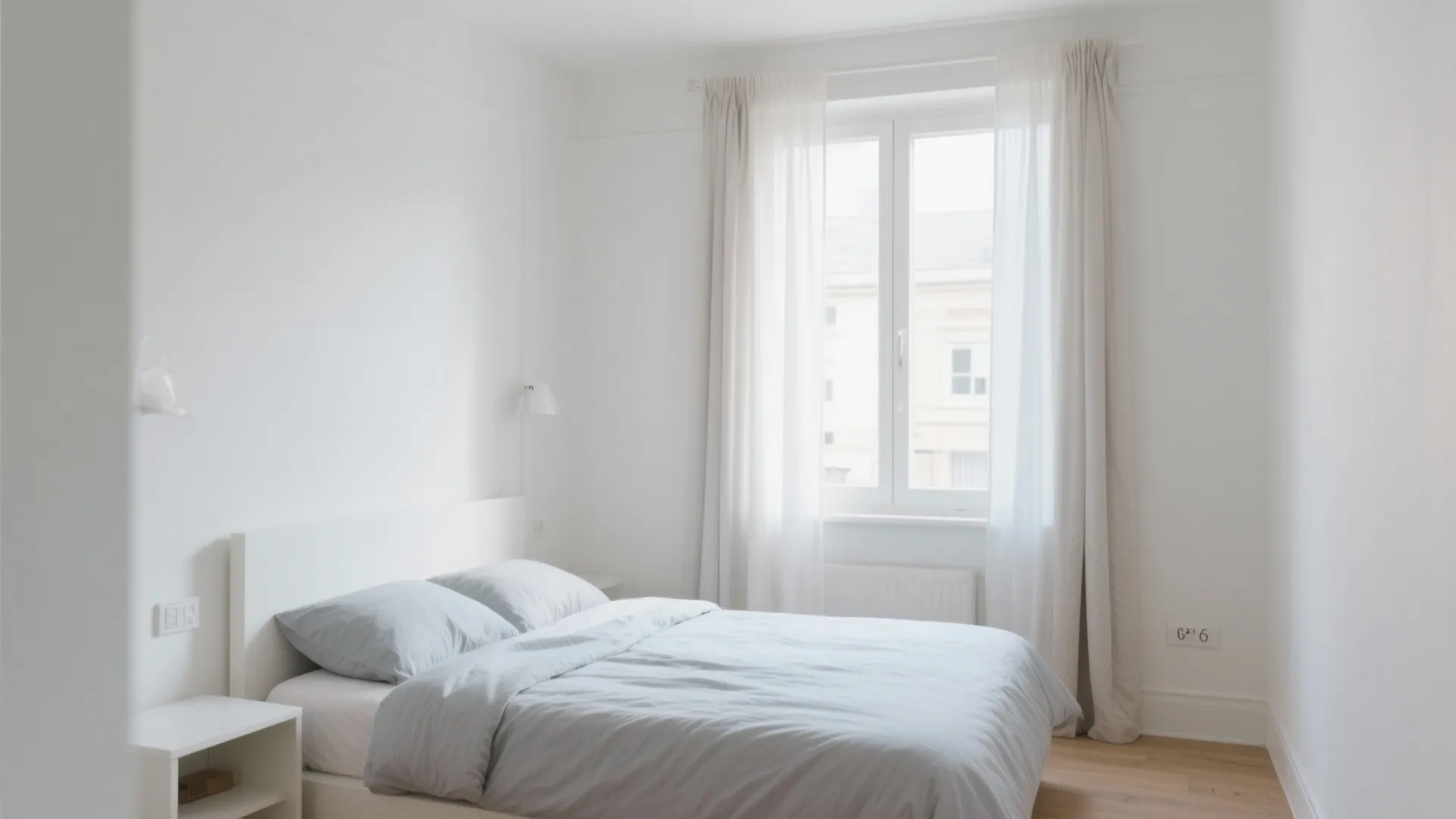 Minimalist white bedroom with light blue bedding large window white curtain and simple wall light