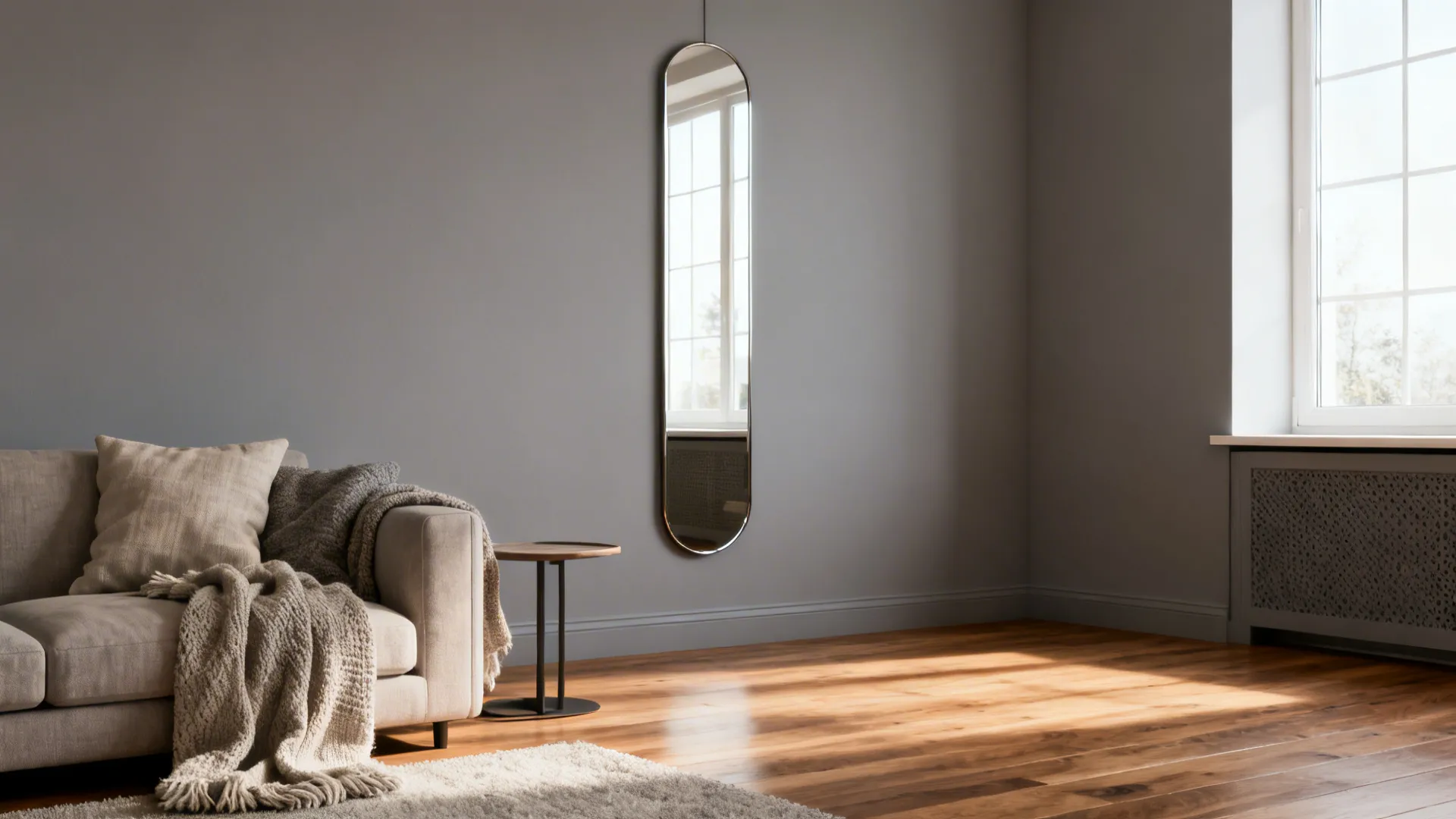 Dove-gray wall with a slim mirror reflecting daylight, paired with warm textiles and wood flooring