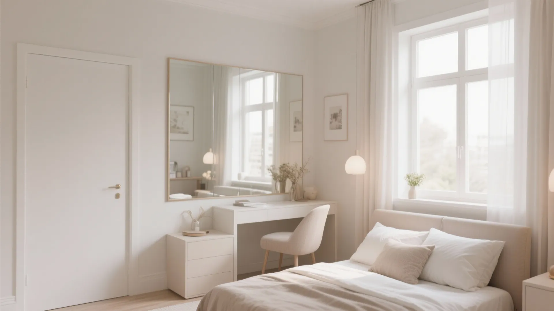 Minimalist white bedroom with large mirror dressing table comfortable bed and light curtains near window