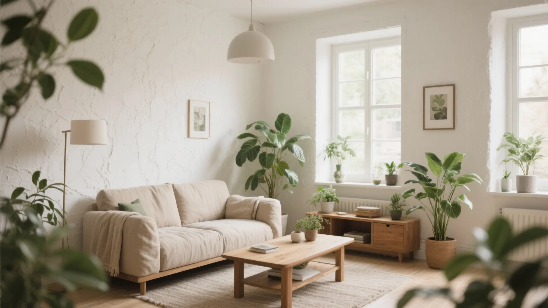 Bright living room with beige sofa, wooden coffee table, many green plants, and white walls