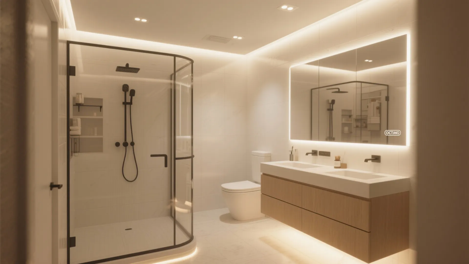Small bathroom with layered lighting in neutral colours