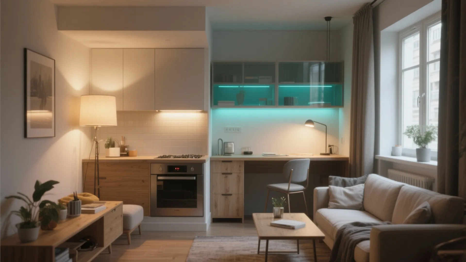 Modern apartment interior design with warm kitchen lighting and blue light fixtures in the workspace