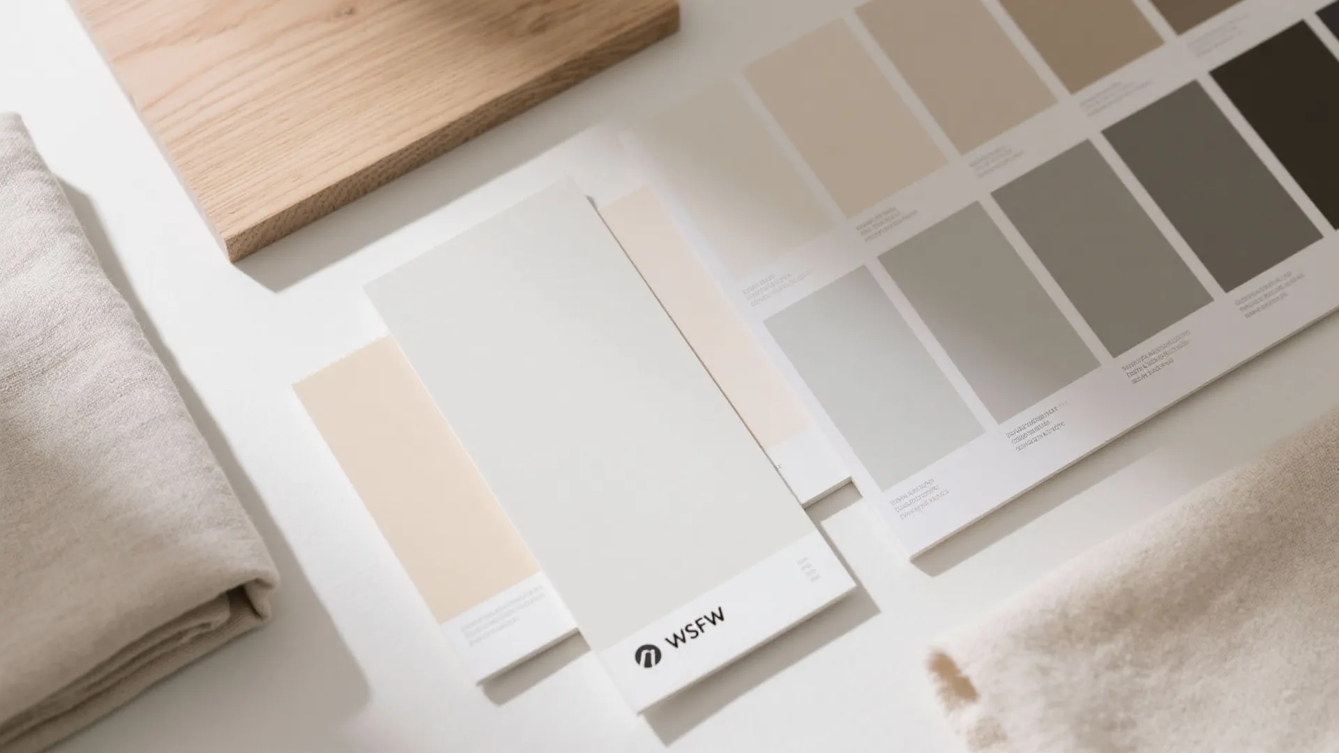 Interior design color palette cards with fabric samples and wood block on a white table