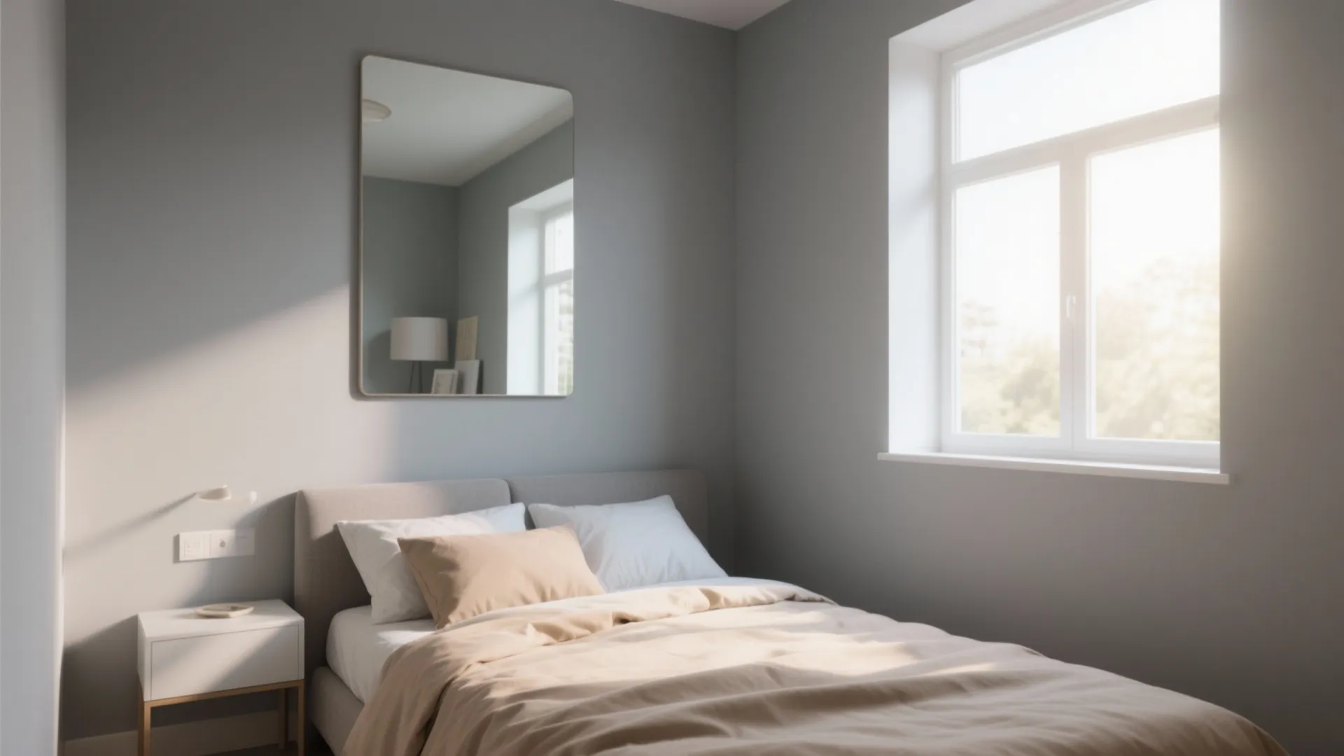Grey bedroom walls with a large wall mirror, beige bedding, bedside table, and bright window light