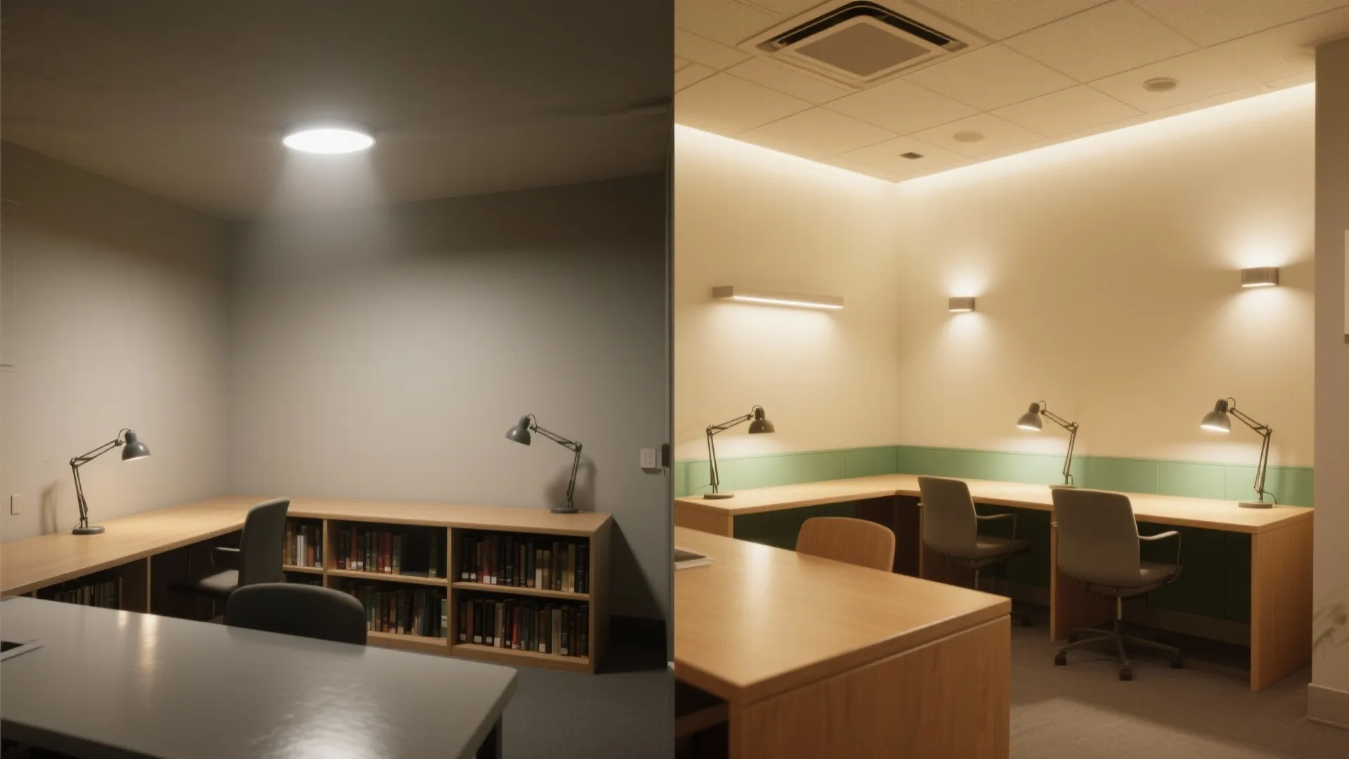 Before-and-after comparison of an Andruss Library study room lighting upgrade from glare to layered ambient and task lighting.