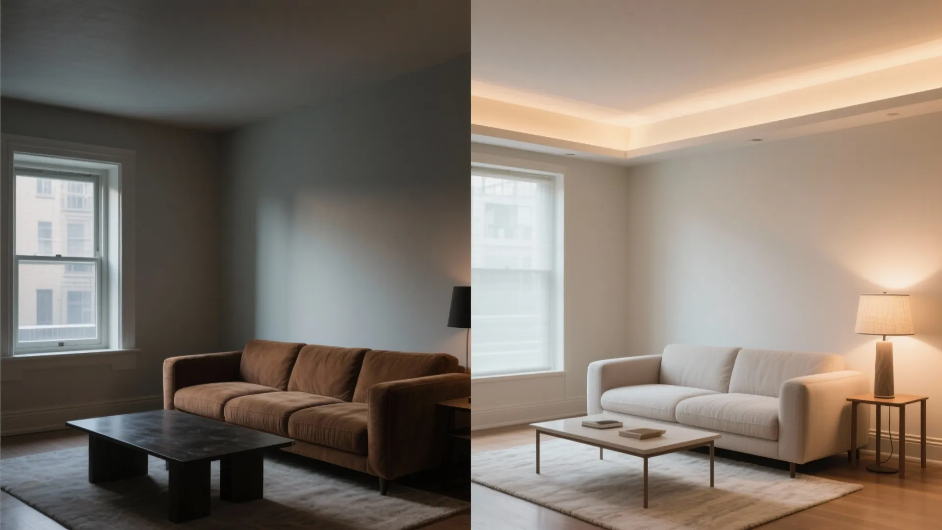 Side-by-side comparison of a dark living room versus a bright room with ceiling light effects