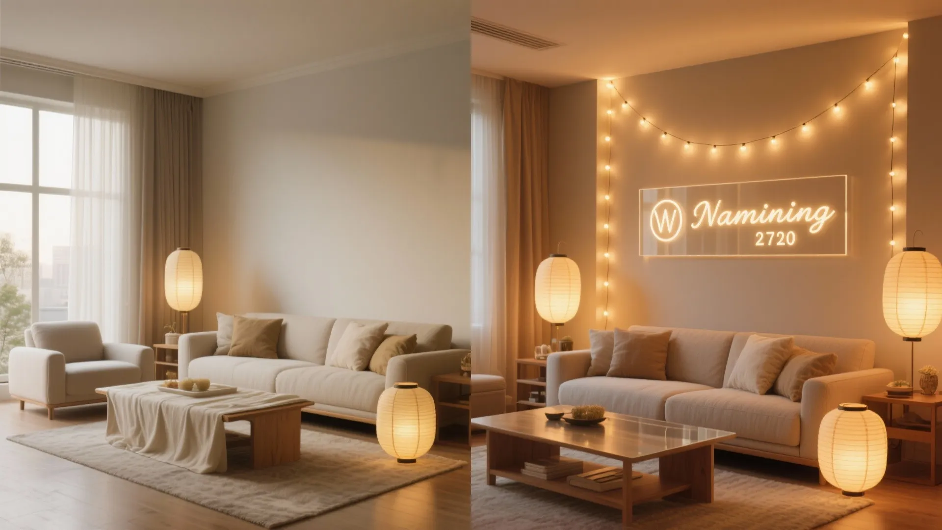 Warm Glow Lighting: LED Strings, Paper Lanterns, and a Name Sign