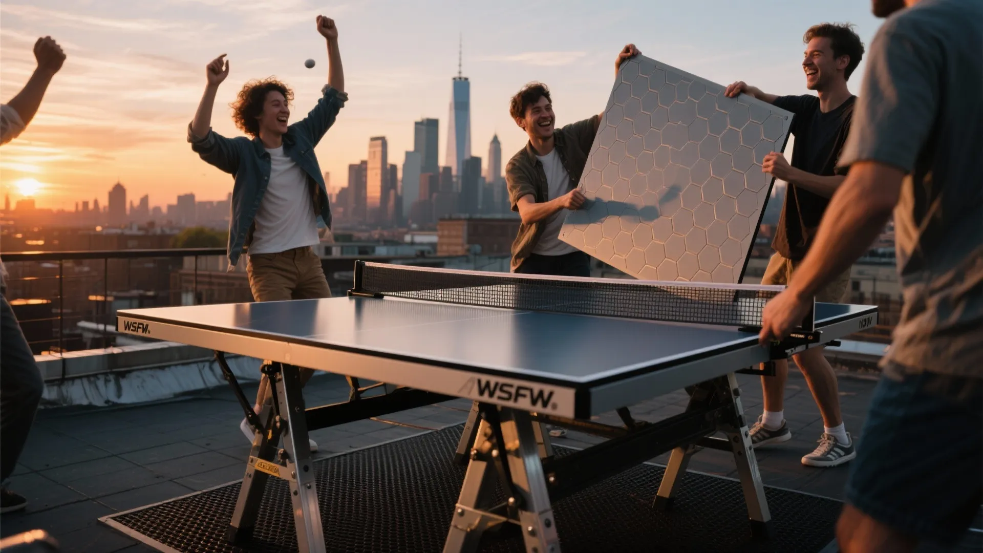 Friends playing ping pong on a rooftop terrace with skyscrapers in the background at sunset