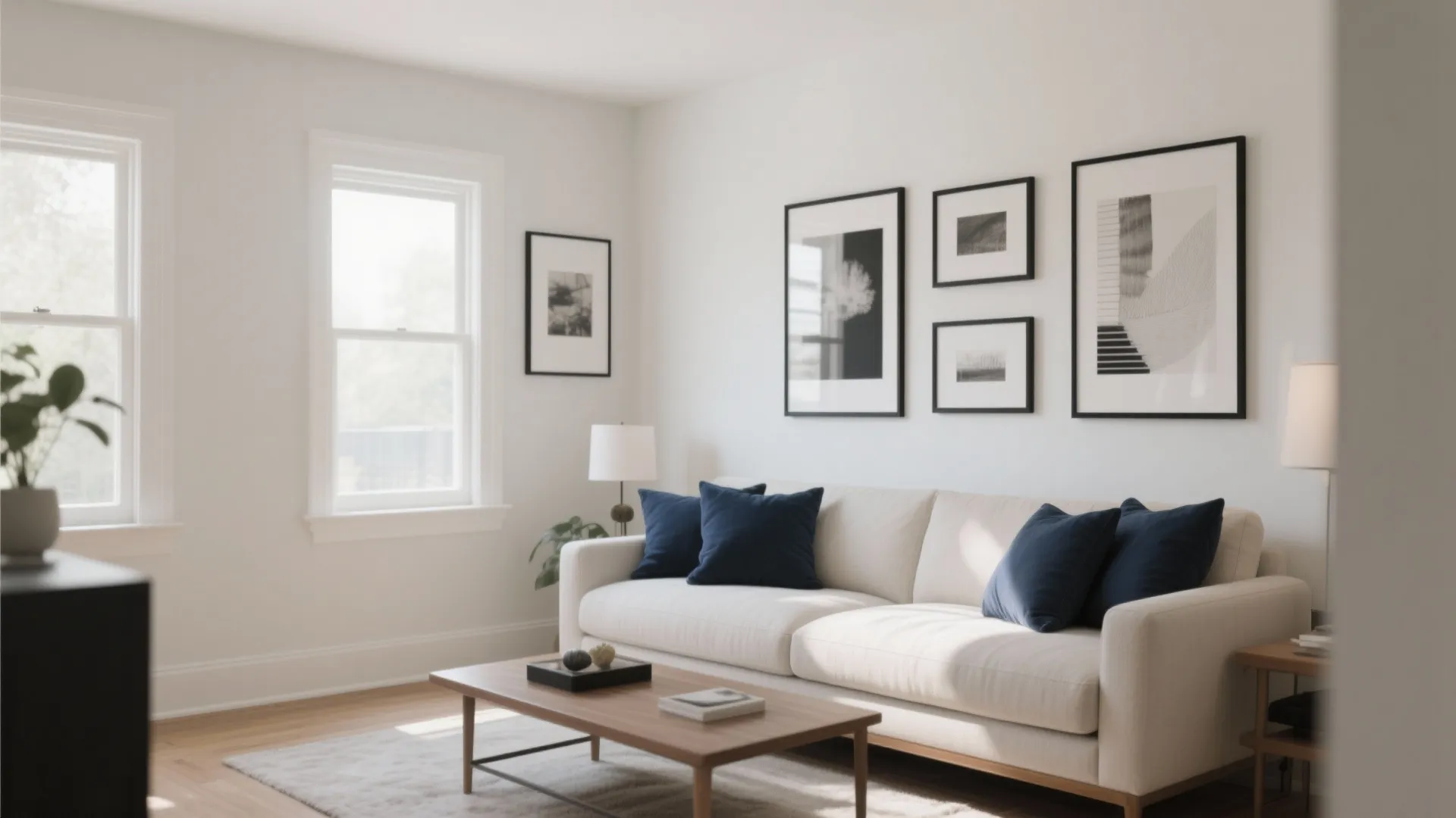 Bright living room with white sofa, blue pillows, wood coffee table, windows, and black art