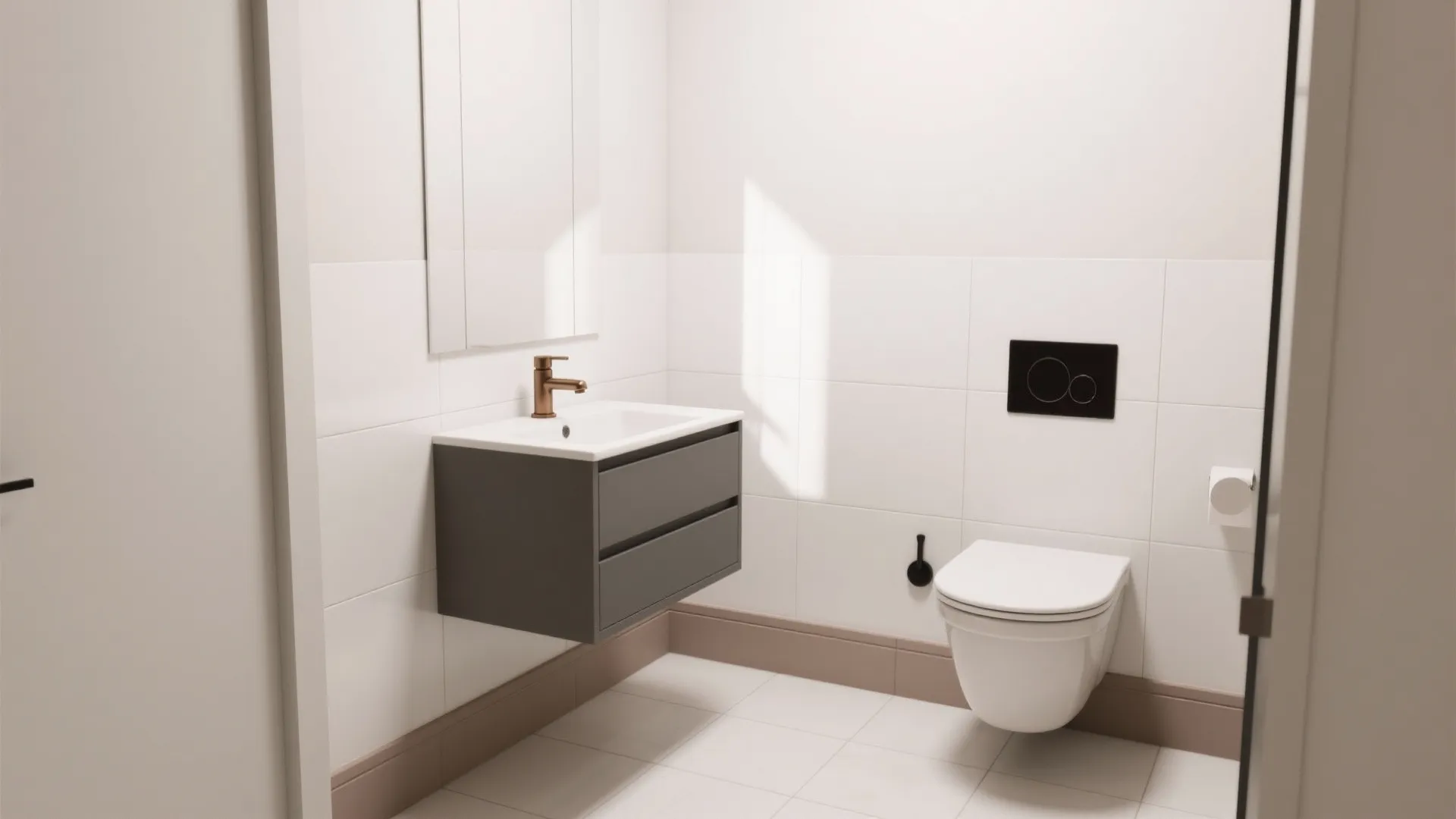 Light-toned WC with white tiles and warm-gray vanity for gentle contrast.