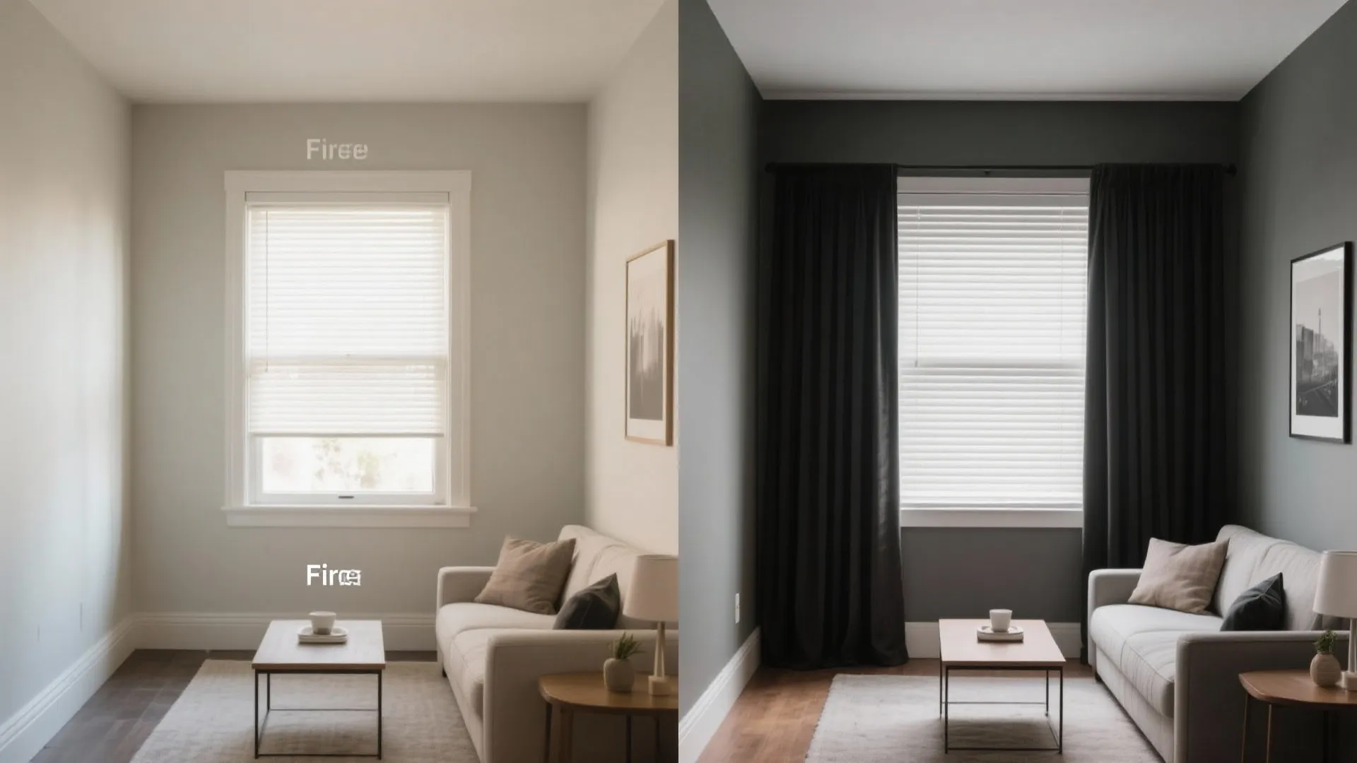 Before-and-after of a small projector room showing ambient light vs blackout shades and drapery.