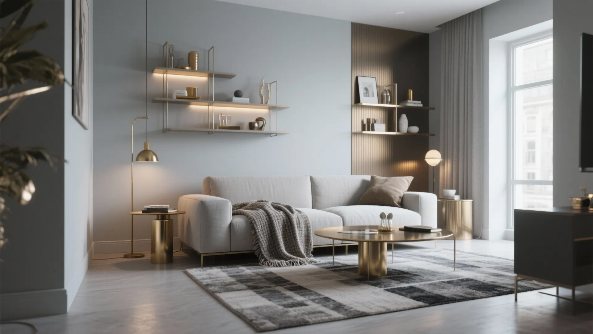 Modern living room featuring a grey sofa gold coffee table wall shelves and a rug
