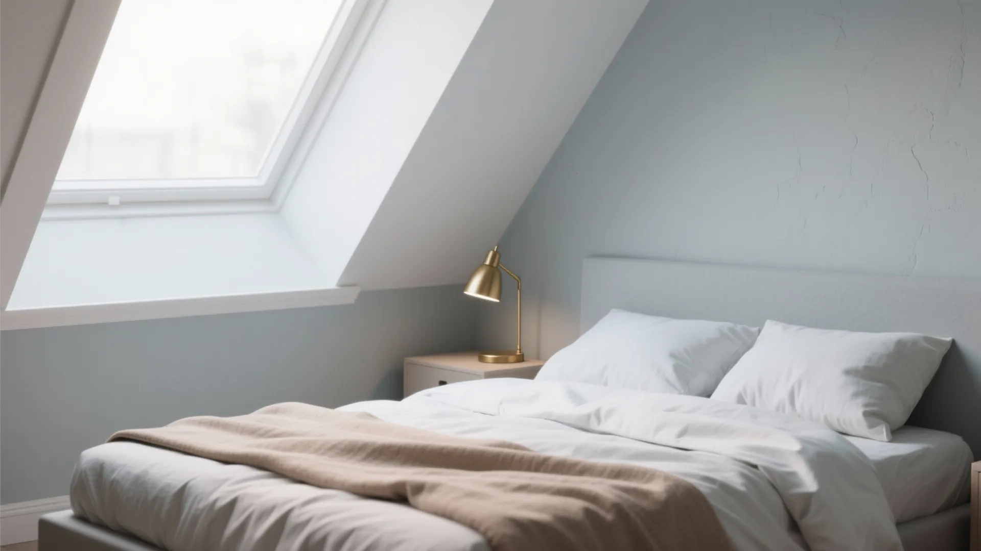 Minimal airy bedroom painted light cool grey with white trim and brass accents