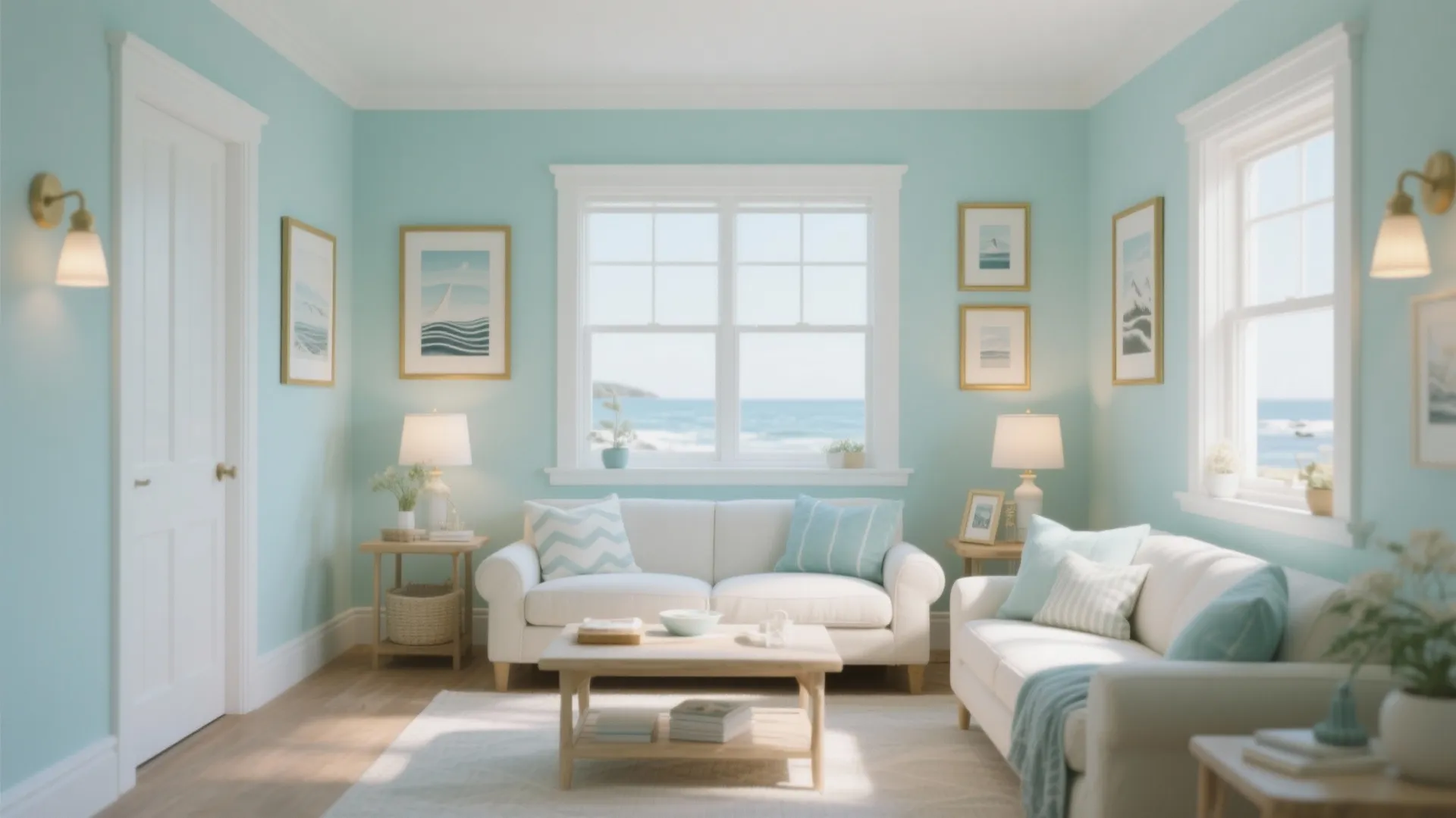 Light blue living room with white sofa wooden coffee table wall lights and sea view window