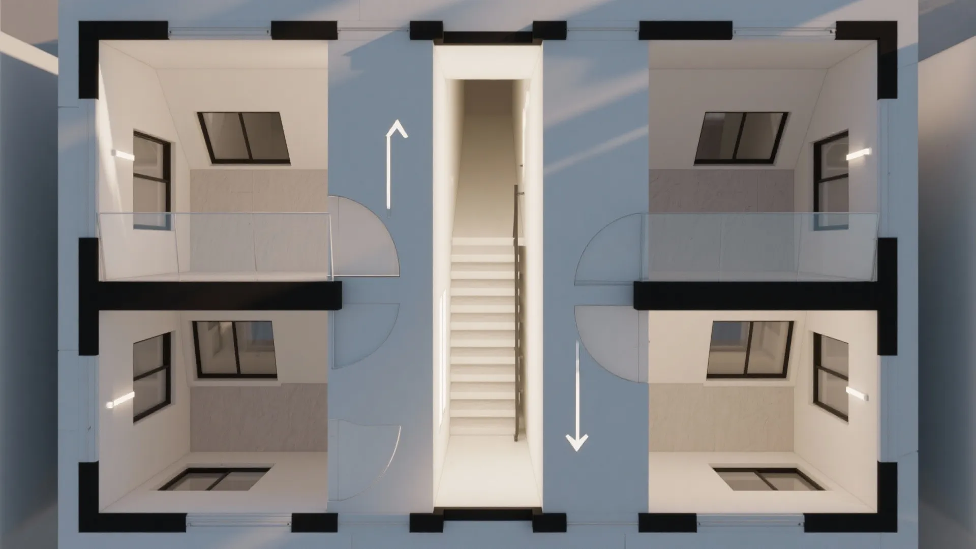 Interior design drawing showing top down view of apartment rooms with stairs and white walls