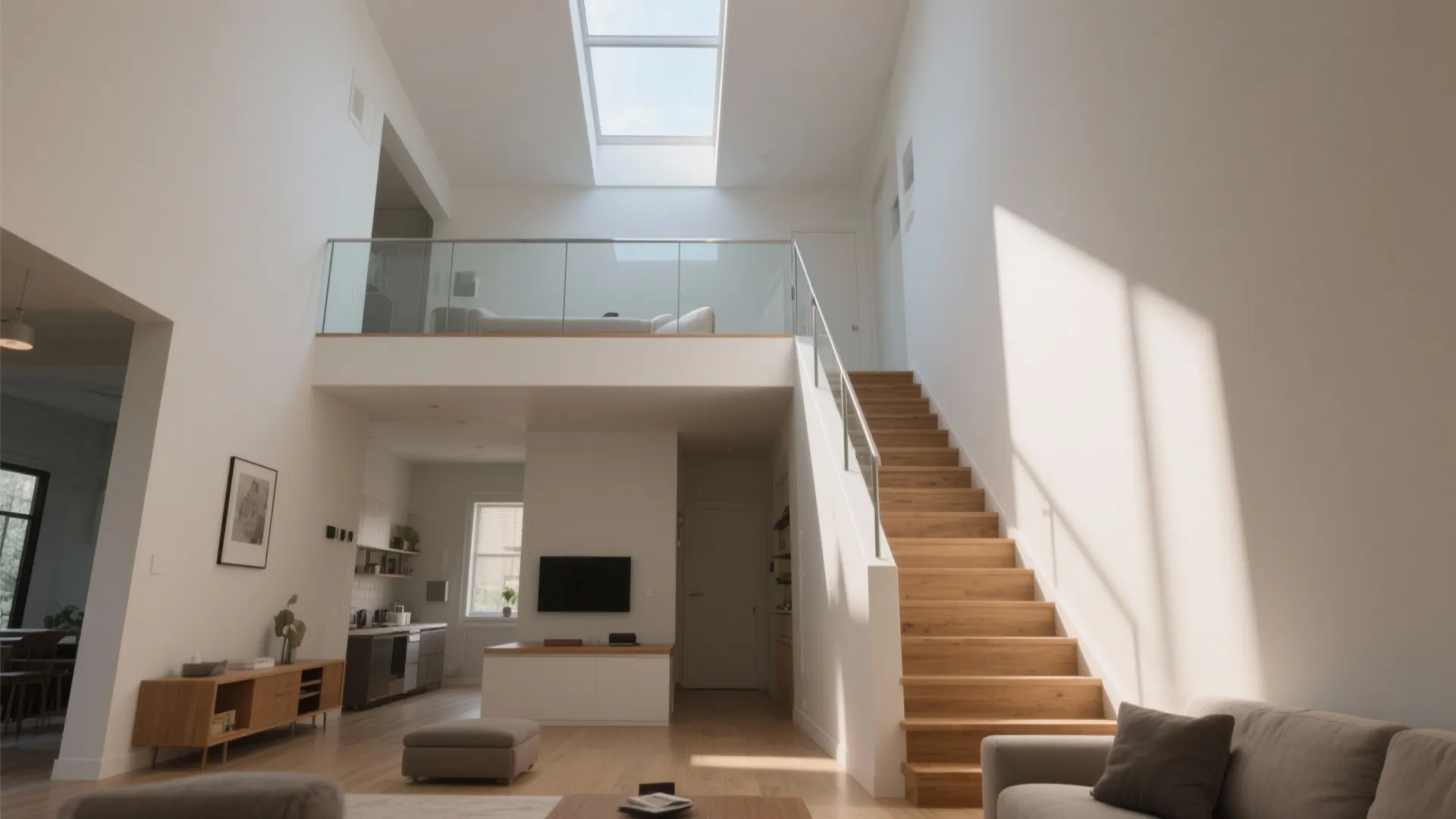 High ceiling living room with wood stairs leading to mezzanine under a large roof window