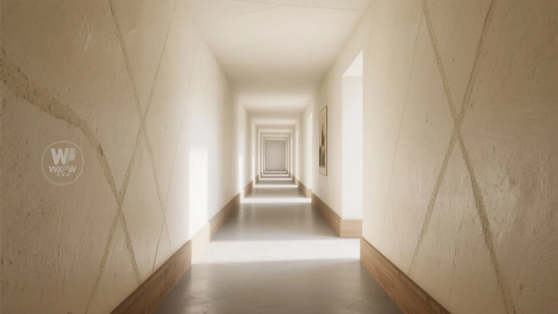 Long bright hallway with white textured walls wood floor trim natural light from side windows