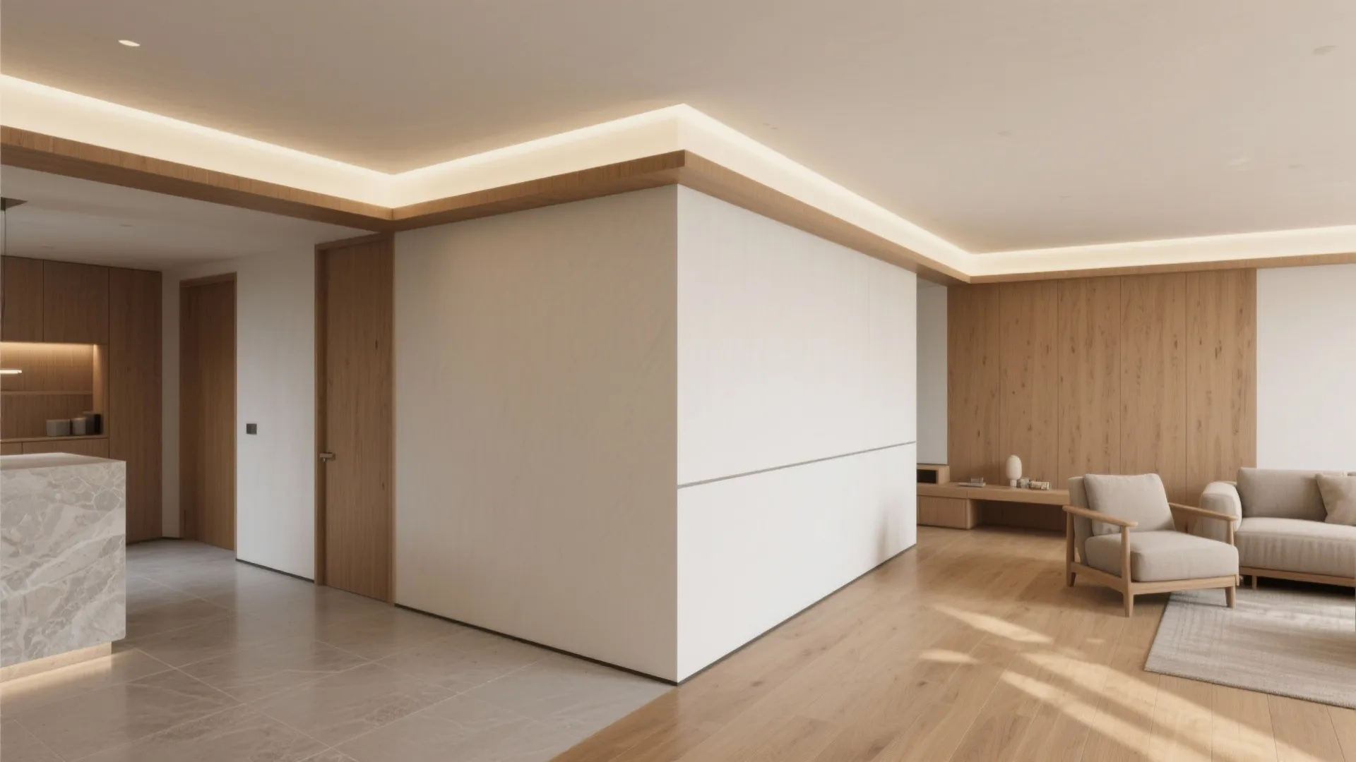 5. Ceiling-floor cues and lighting that sketch the line