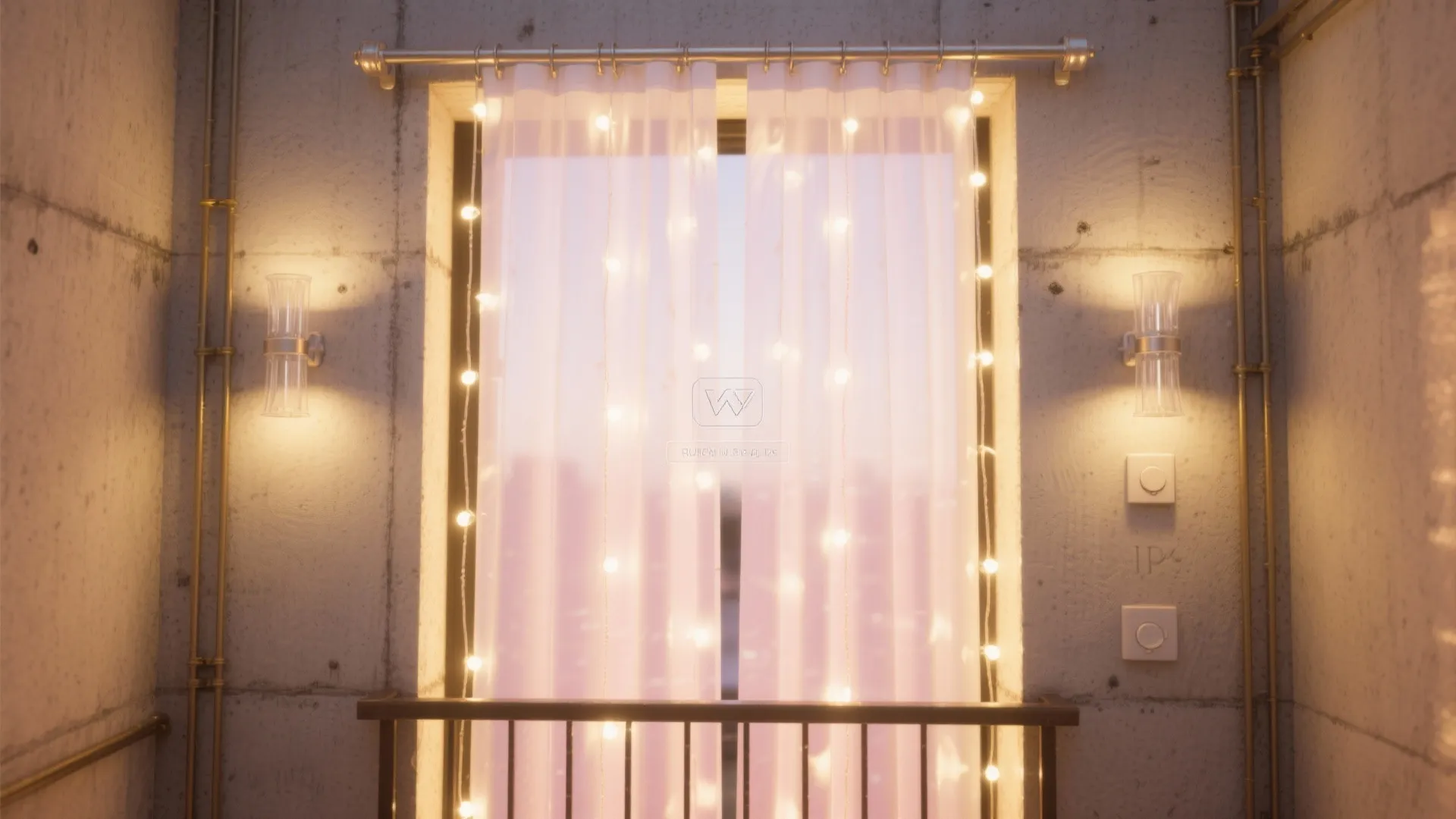 Warm string lights over white curtain in window with two wall lights on grey stone