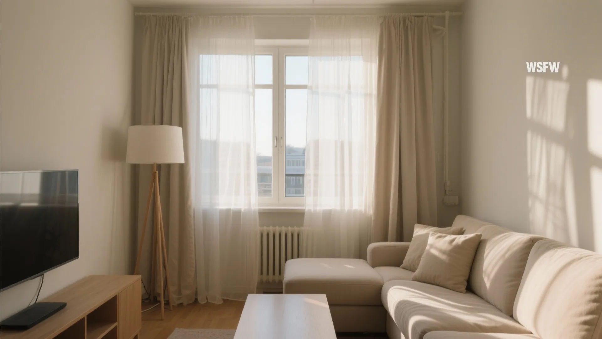 Bright living room with cream curtains a beige sofa wood floor floor lamp and television