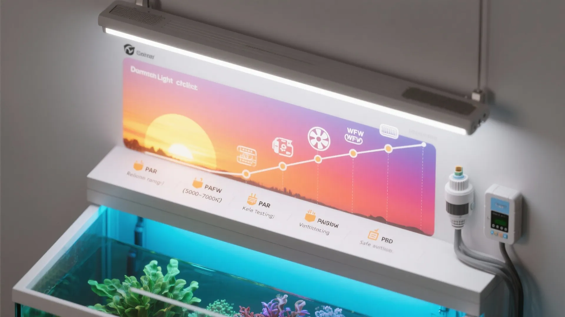 Top-down infographic timeline illustrating aquarium light cycles, recommended kelvin range, PAR testing, and safety tips for cooling and wiring.