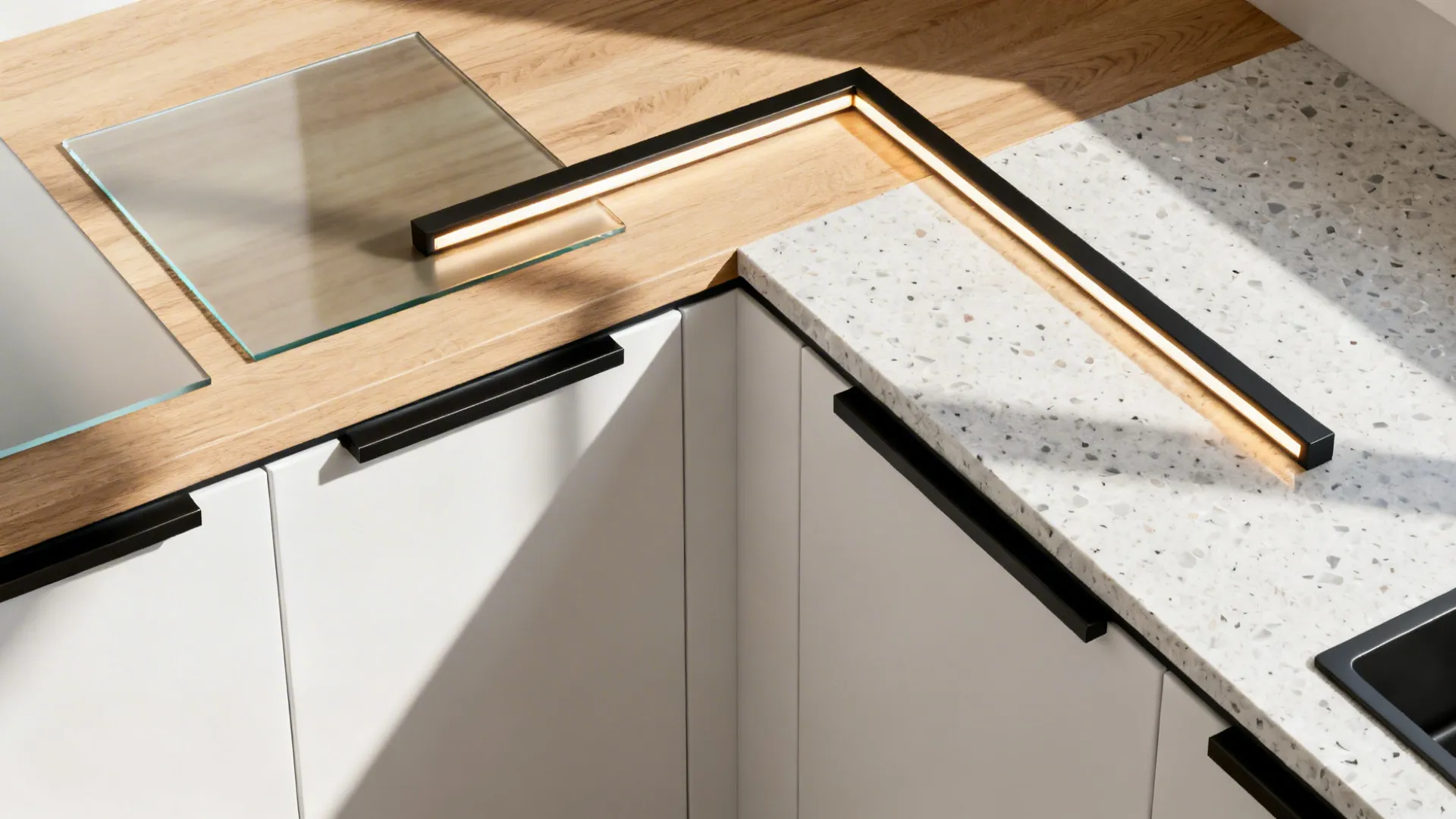 Flat lay of satin glass, oak veneer, white matte fronts, quartz, and black hardware.