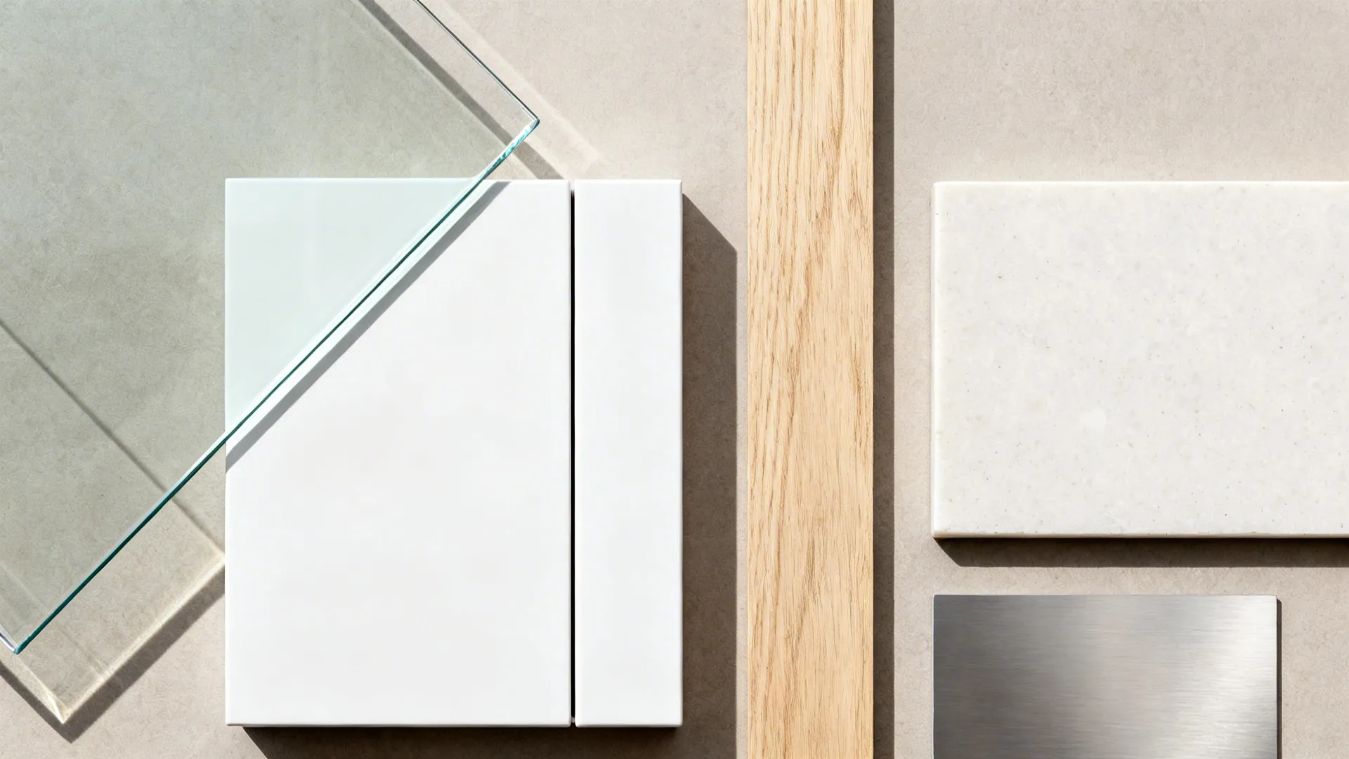 Top-down palette with low-iron glass, white front, light oak, quartz, and stainless.