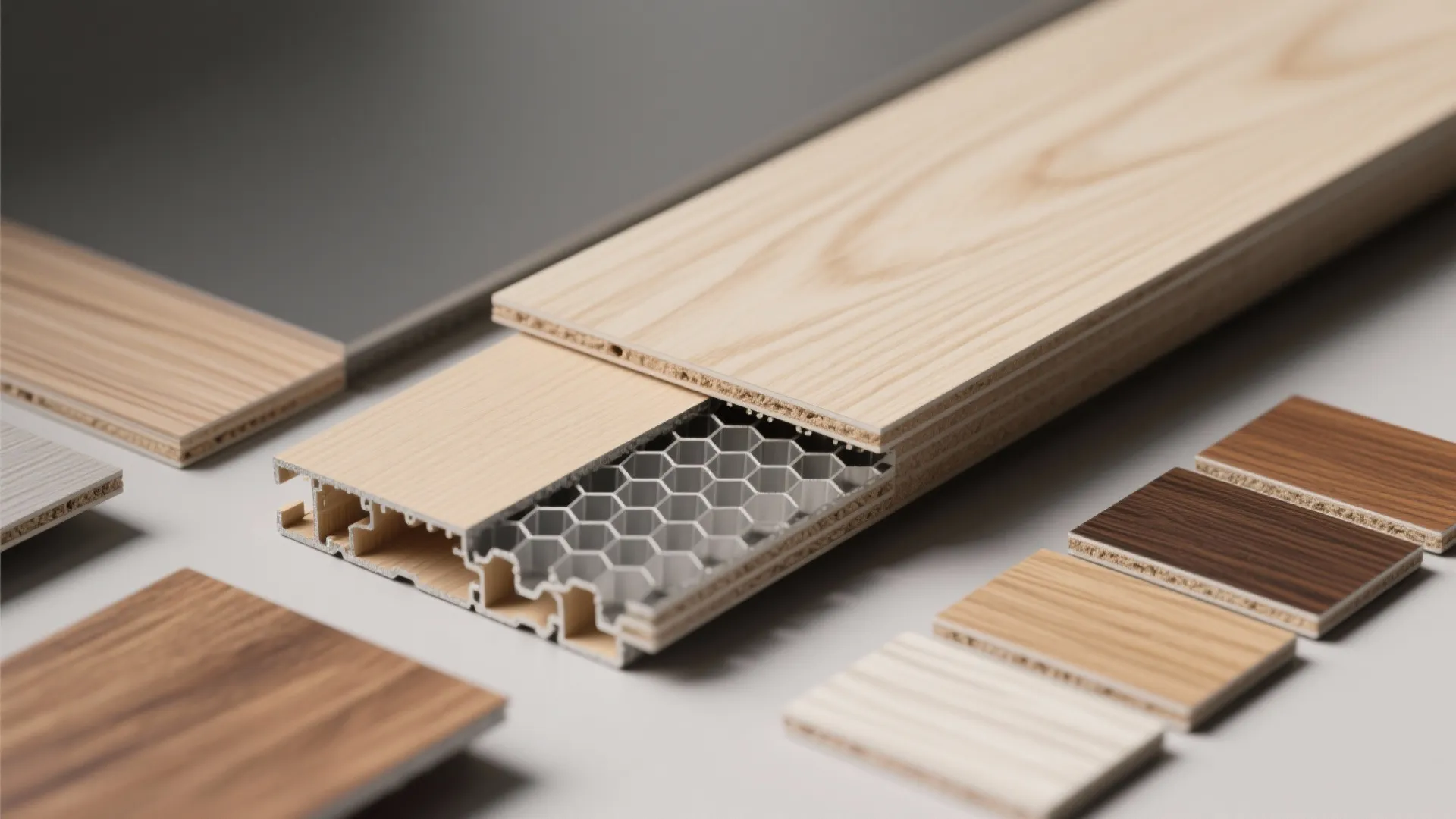 Interior design drawing showing light wood floor board samples with a metal honeycomb core structure