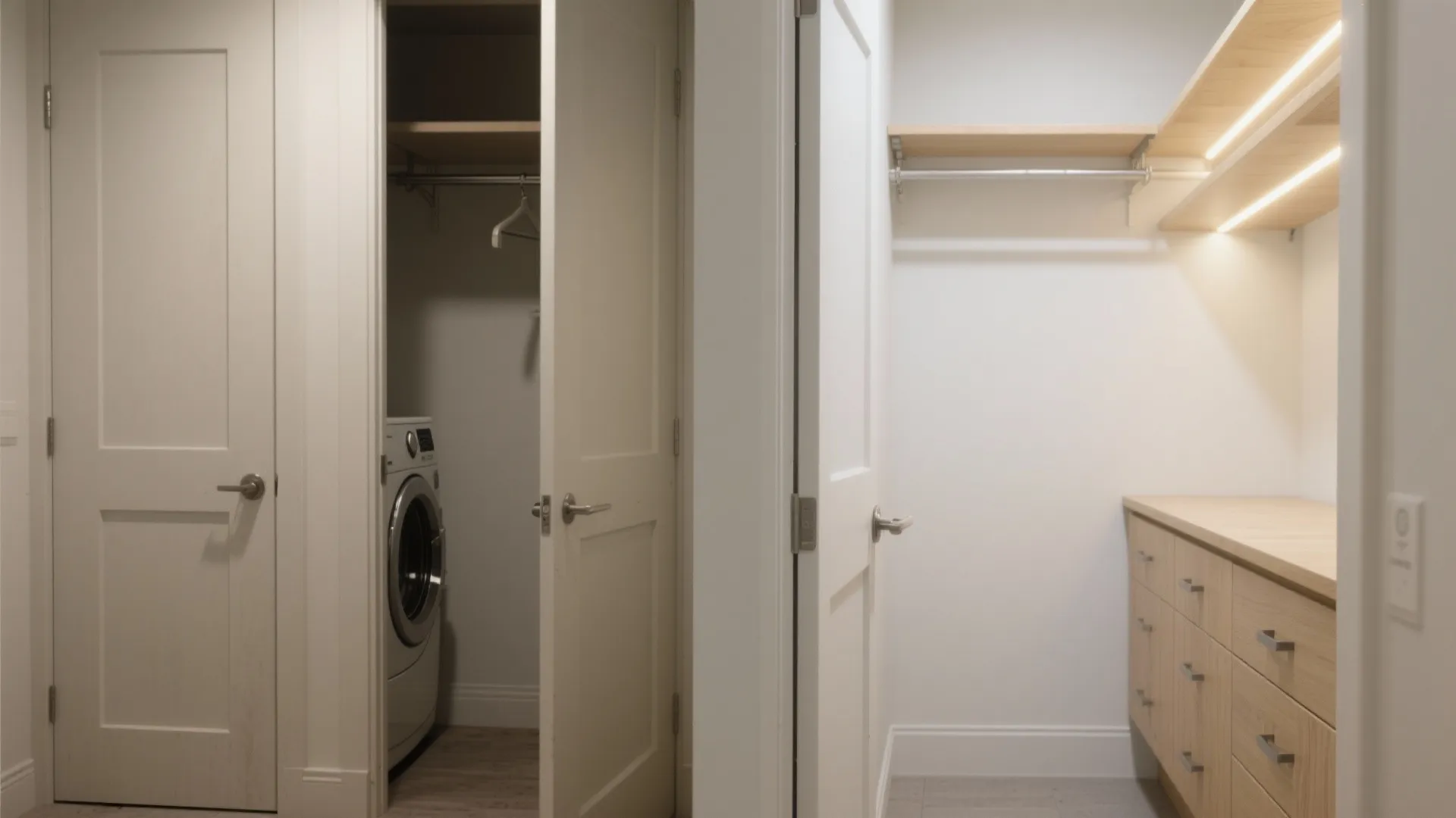 Interior view of a laundry closet with washing machine and a separate walk in closet
