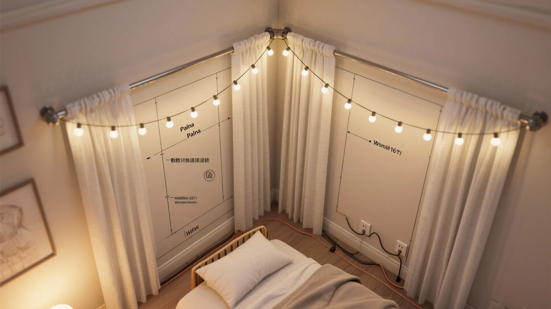 Bedroom wall with white curtains string lights and interior design drawing with measurements and notes