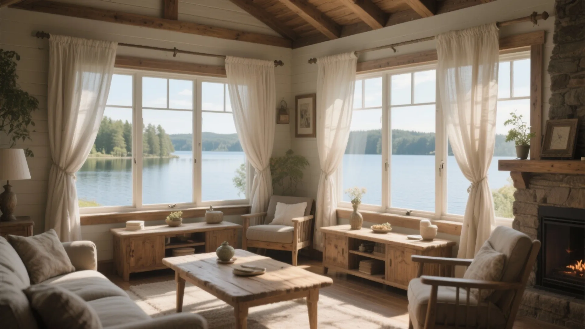 Bright living room with large windows overlooking a lake wooden furniture and white linen curtains