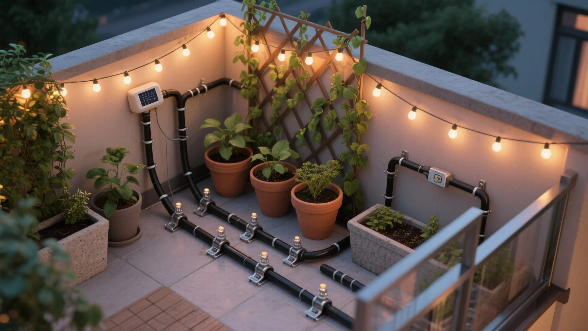 Top-down balcony layout showing string lights and a drip irrigation system at dusk.