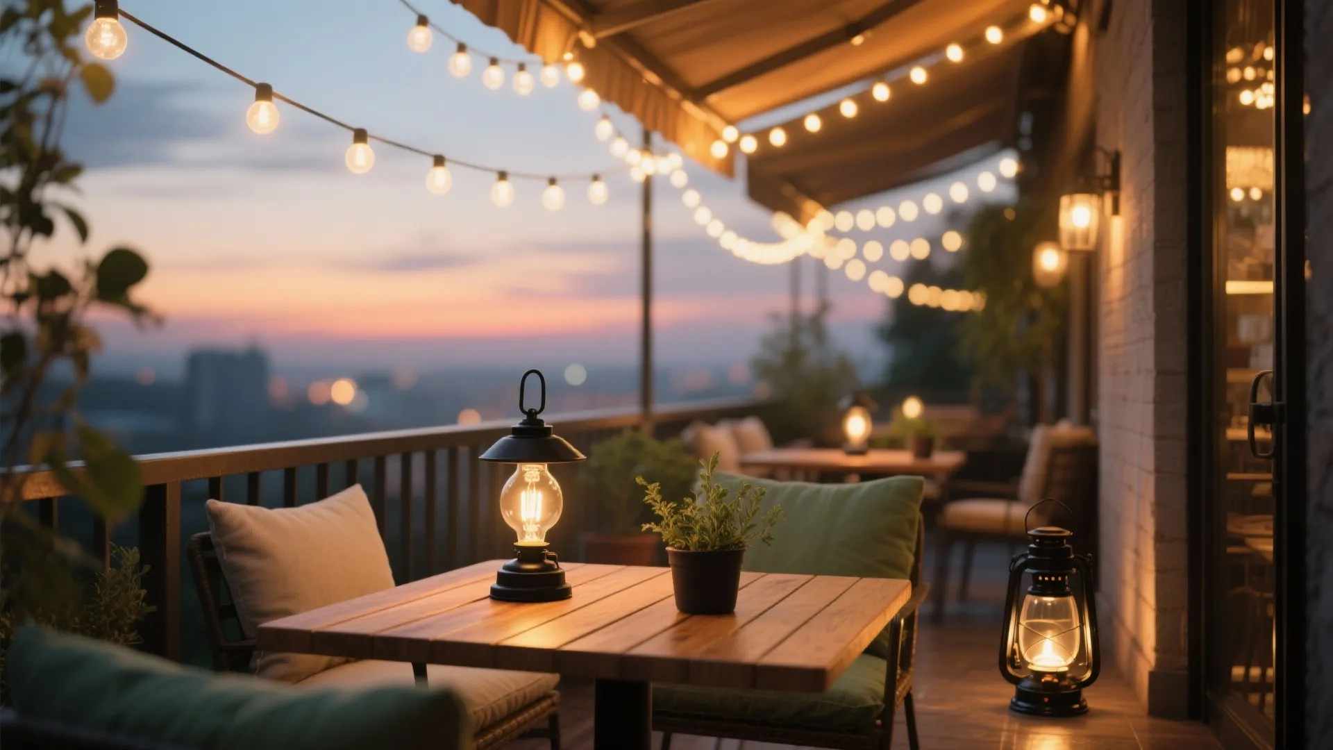 Cozy balcony at sunset with wooden table green chairs string lights and warm decorative table lanterns