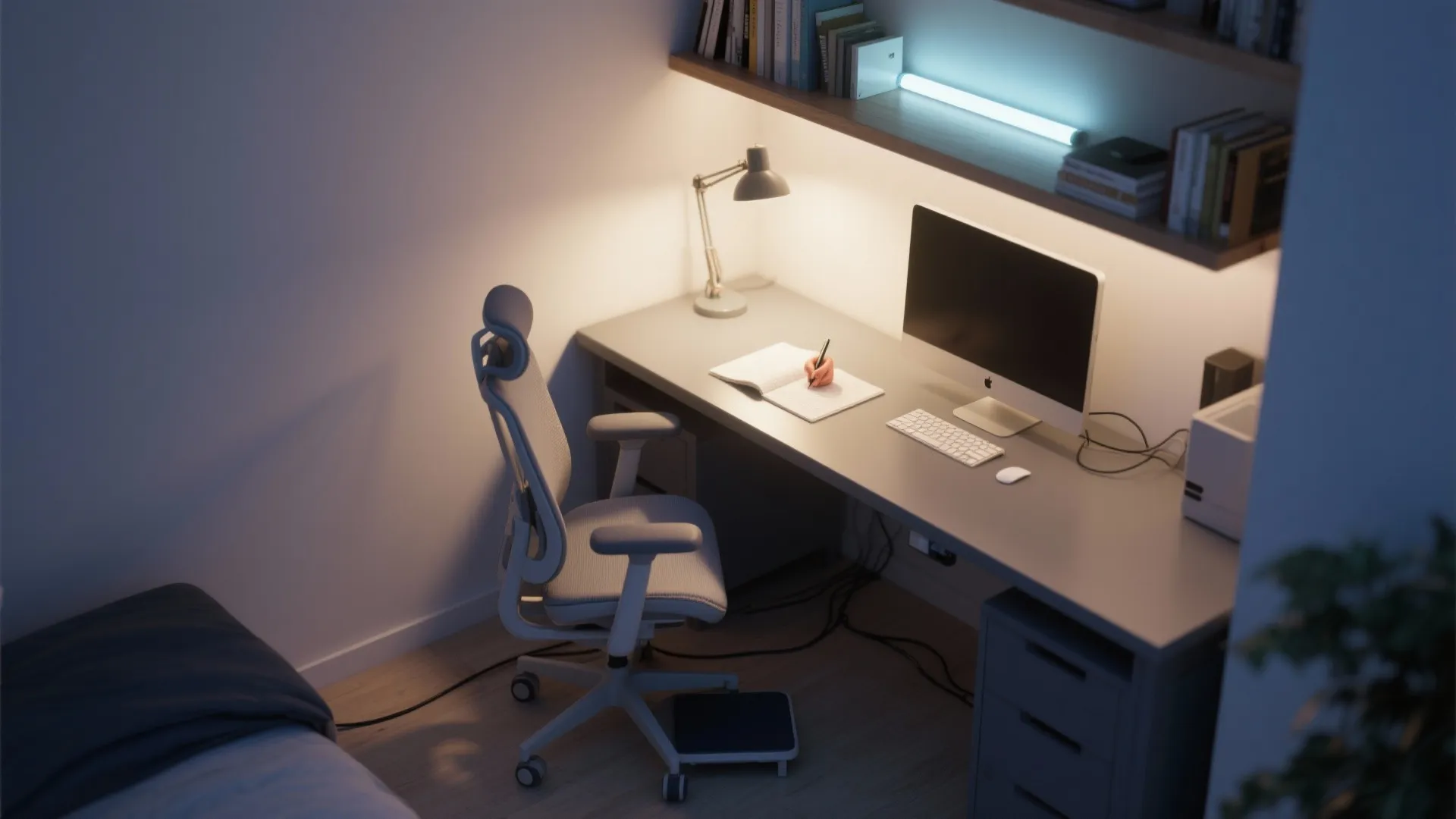 Dimly lit home office desk with computer white ergonomic chair desk lamp and small footrest