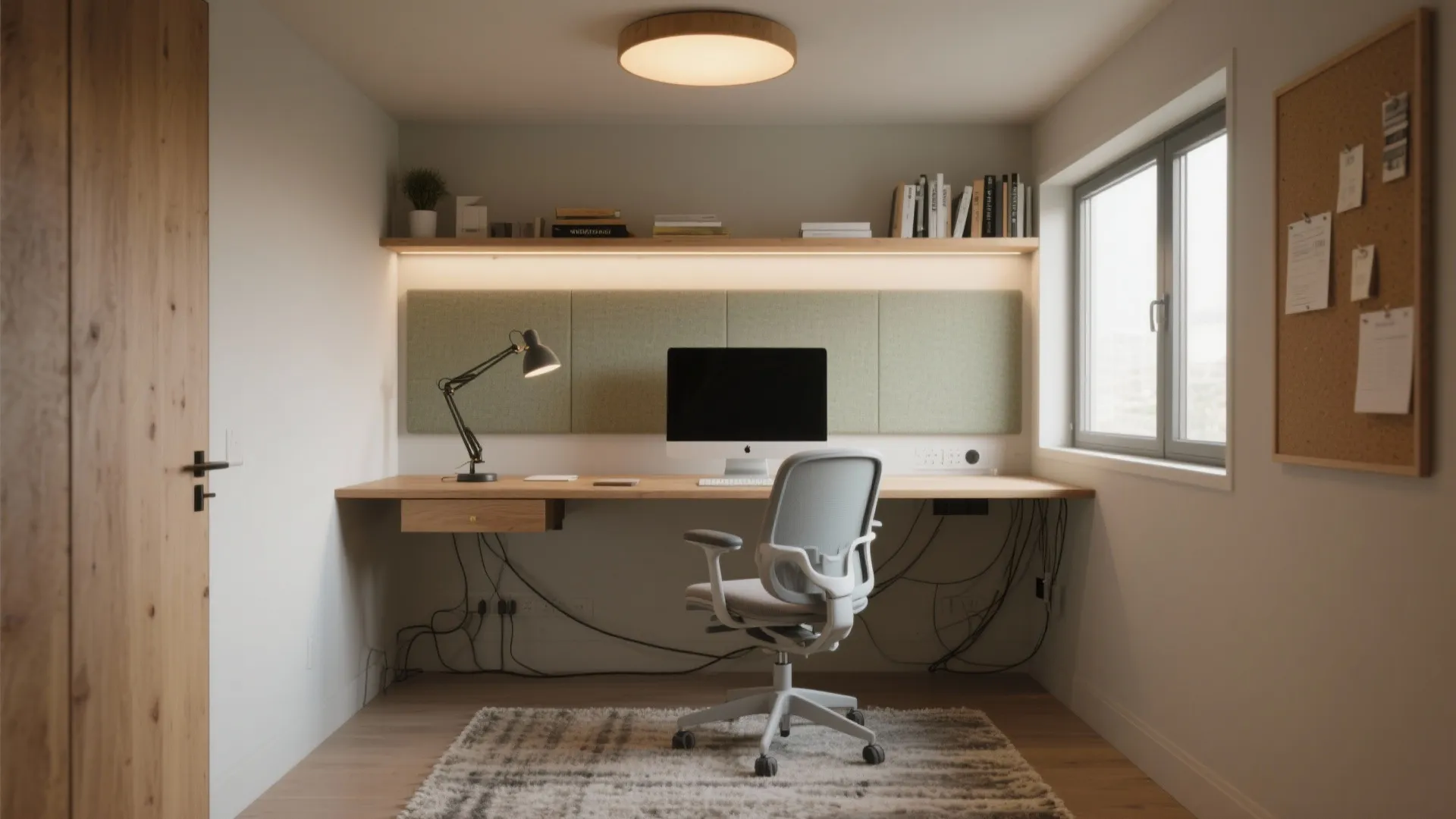 Home office with wooden desk, white chair, computer monitor, green wall panel, and round light
