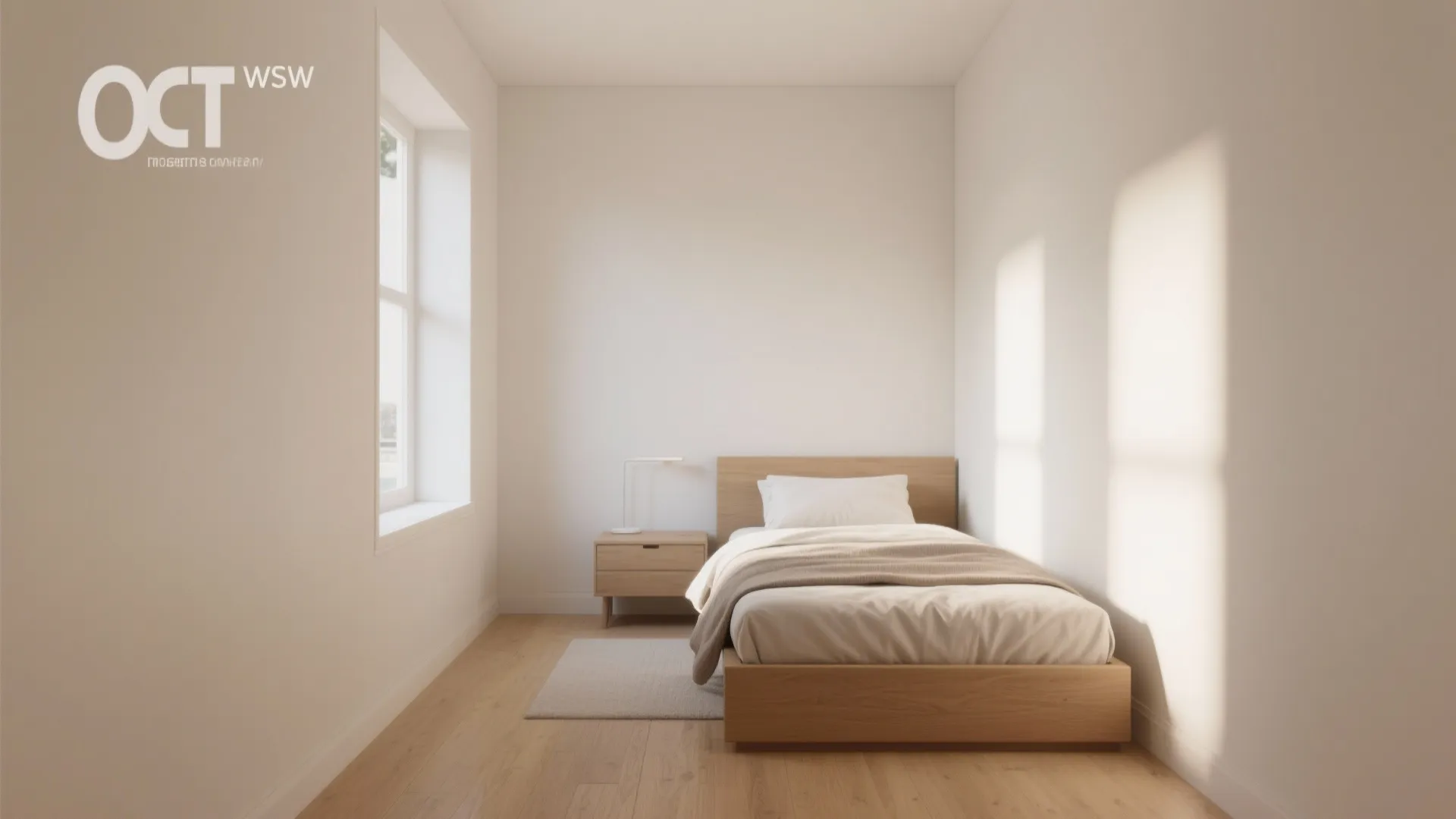 Minimalist bedroom with wooden bed frame small side table white walls and bright window natural light