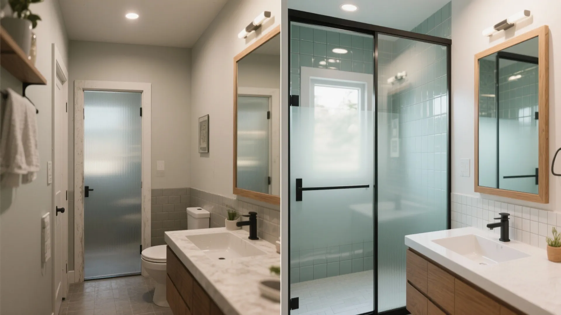 Before-and-after of a small ADU bathroom showing frosted pocket door replaced by clear-glass slider and large mirror.